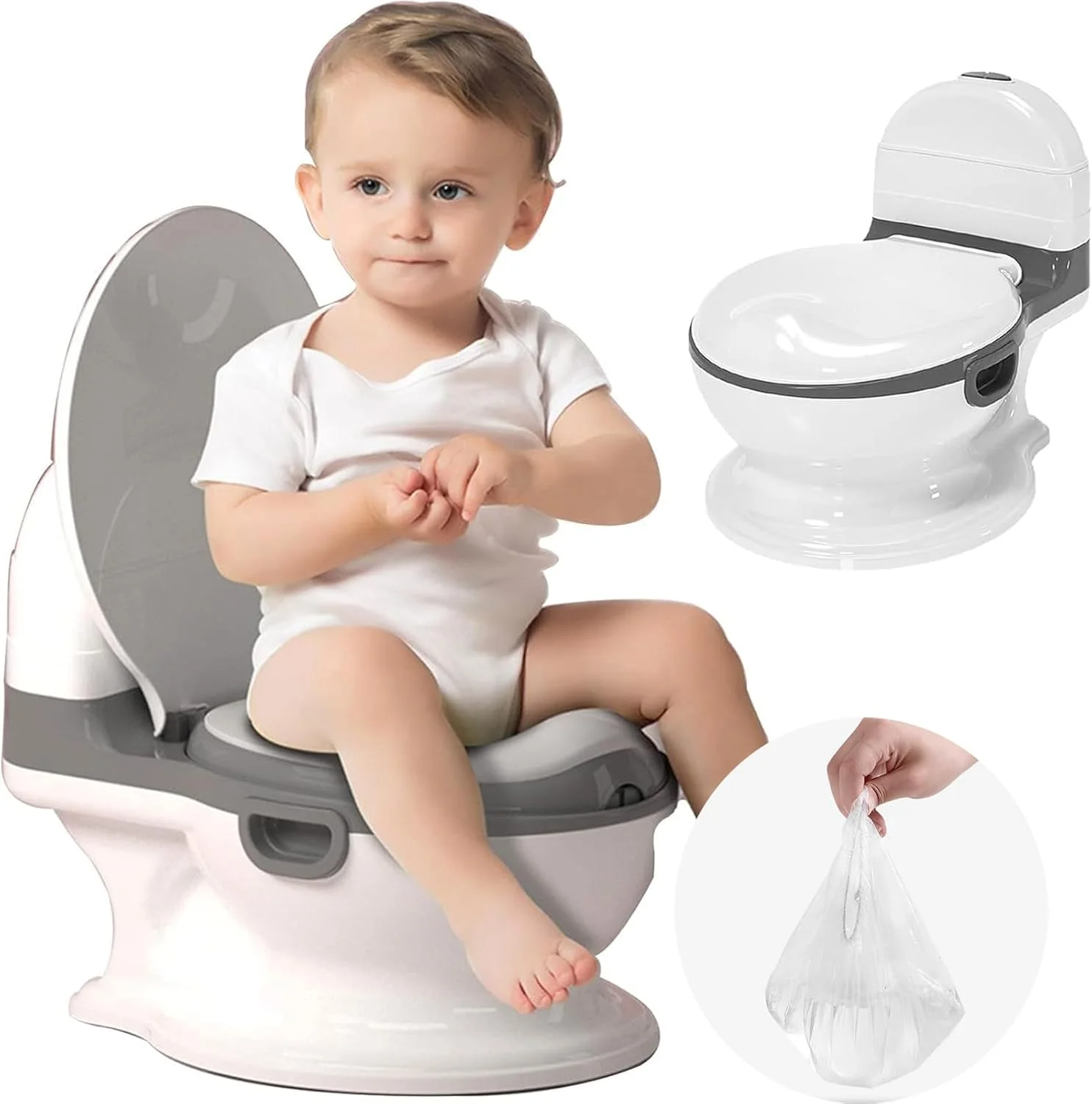 توالت آموزشی کودک Beauenty، توالت آموزشی واقعی با ظاهر و احساس توالت بزرگسالان - صندلی توالت آموزشی برای کودکان نوپا و بچه ها - تخلیه و تمیز کردن آسان، سفید/خاکستری، با 100 عدد کیسه (A)