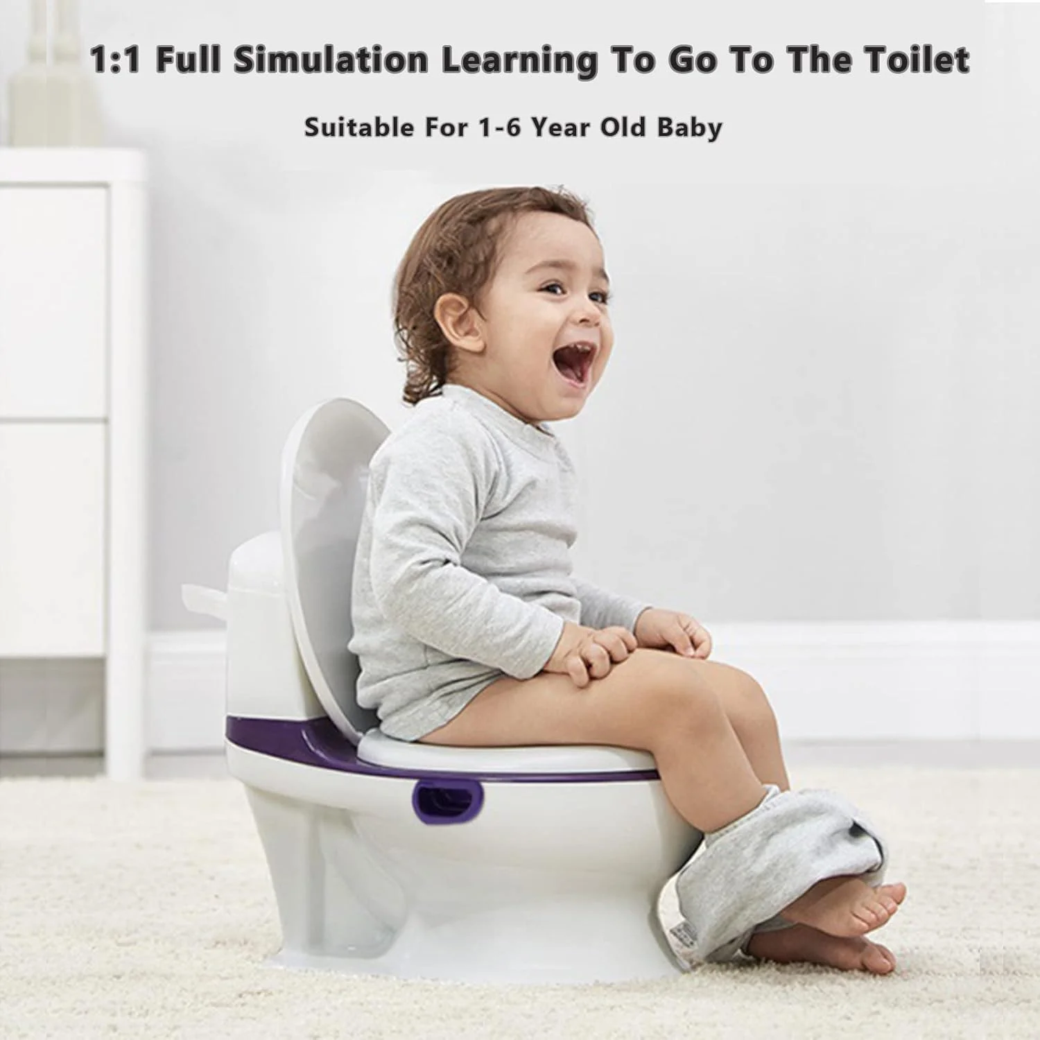 توالت آموزشی کودک Beauenty، توالت آموزشی واقعی با ظاهر و احساس توالت بزرگسالان - صندلی توالت آموزشی برای کودکان نوپا و بچه ها - تخلیه و تمیز کردن آسان، سفید/خاکستری، با 100 عدد کیسه (A)