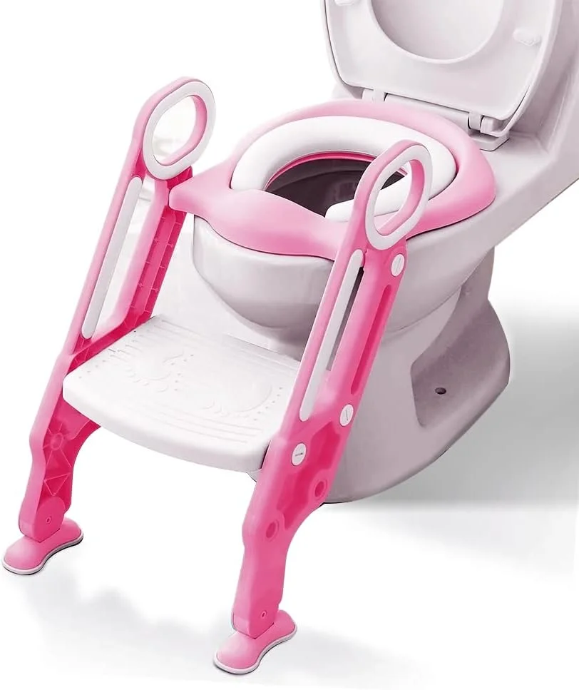 صندلی آموزشی توالت فرنگی کودک دخترانه GOOHOMEEY با نردبان پله ای (1-7 سال) (صورتی)