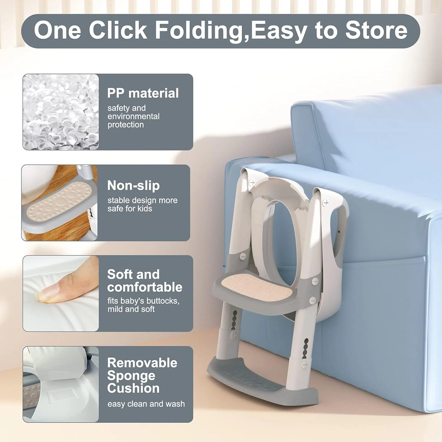 صندلی آموزشی توالت فرنگی کودک GDTOMEEU با نردبان پله‌ای برای کودکان پسر و دختر نوپا - صندلی راحت و ایمن با ضد لغزش (خاکستری)