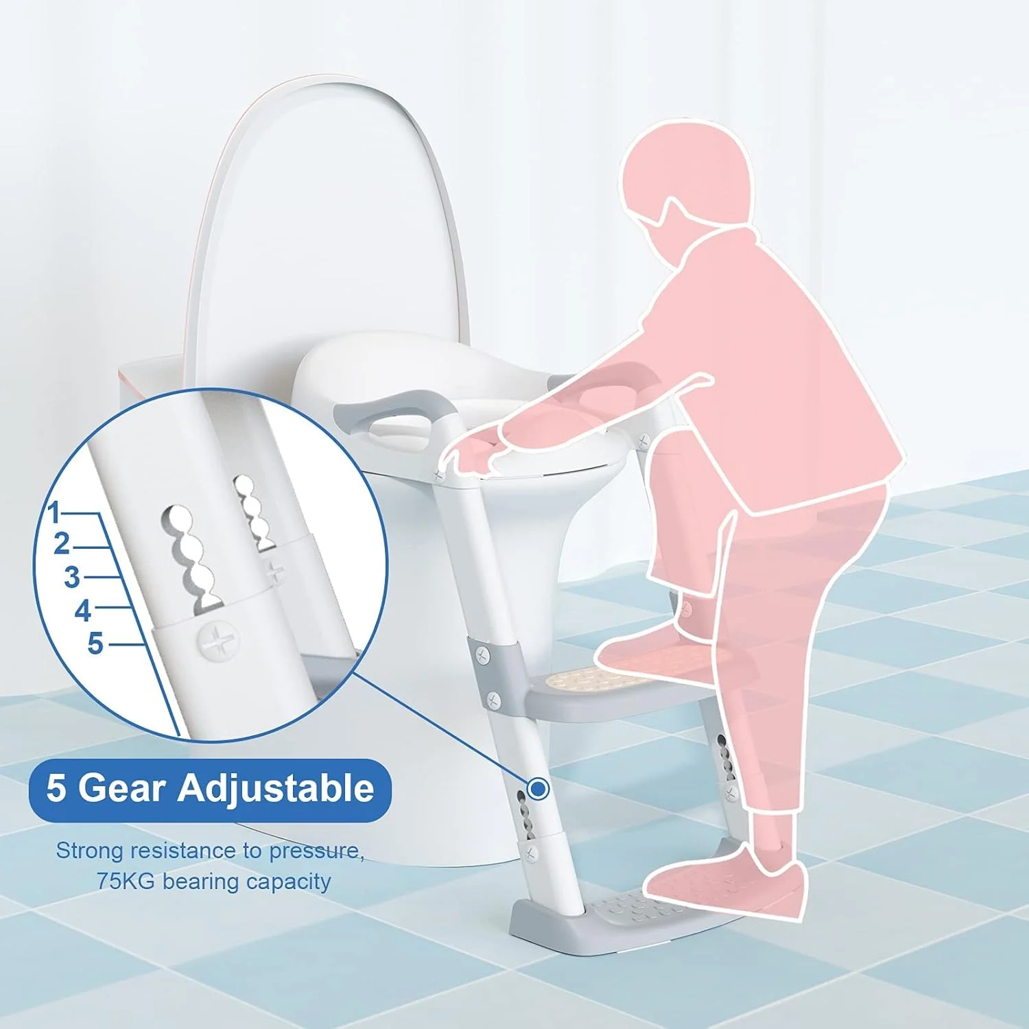 صندلی آموزشی توالت فرنگی کودک GDTOMEEU با نردبان پله‌ای برای کودکان پسر و دختر نوپا - صندلی راحت و ایمن با ضد لغزش (خاکستری)