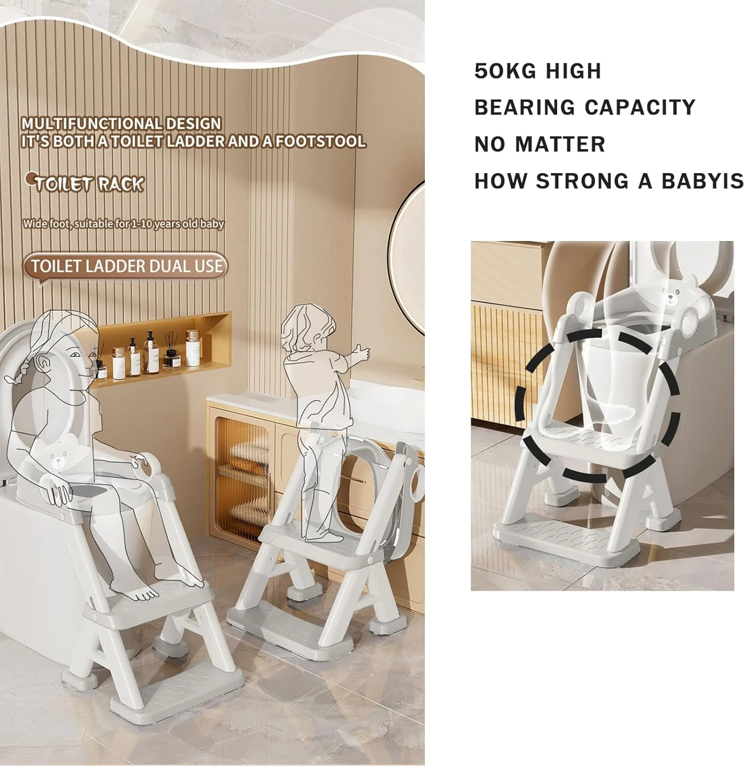صندلی آموزشی توالت پاندا ایر با نردبان پله‌ای، صندلی توالت راحت و ایمن با پدهای ضد لغزش و طراحی خرس برای کودکان پسر و نوپا (خاکستری)
