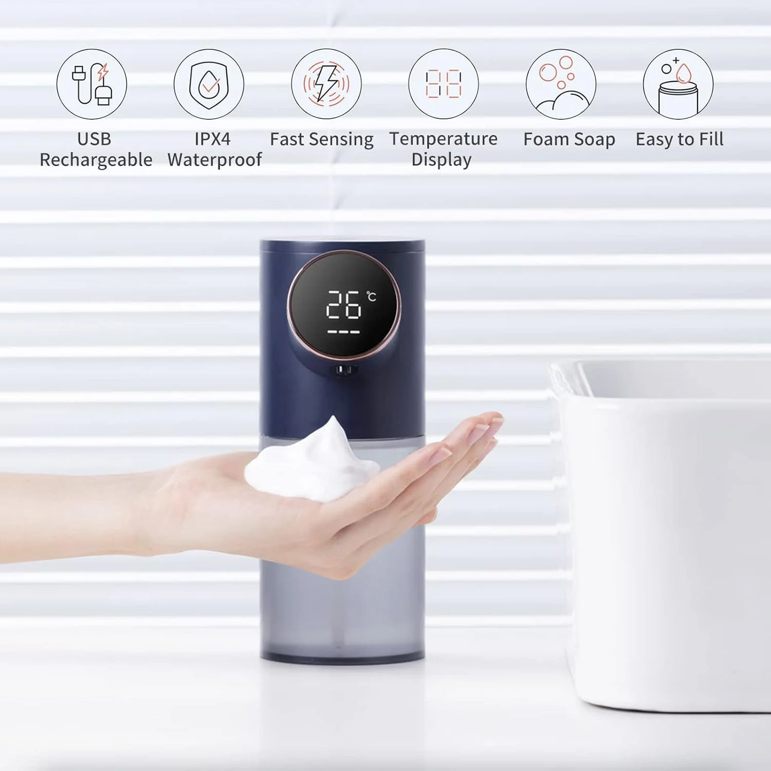 مایع دستشویی فوم ساز اتوماتیک با نمایشگر دما و قدرت، بدون لمس، مناسب آشپزخانه و حمام، USB