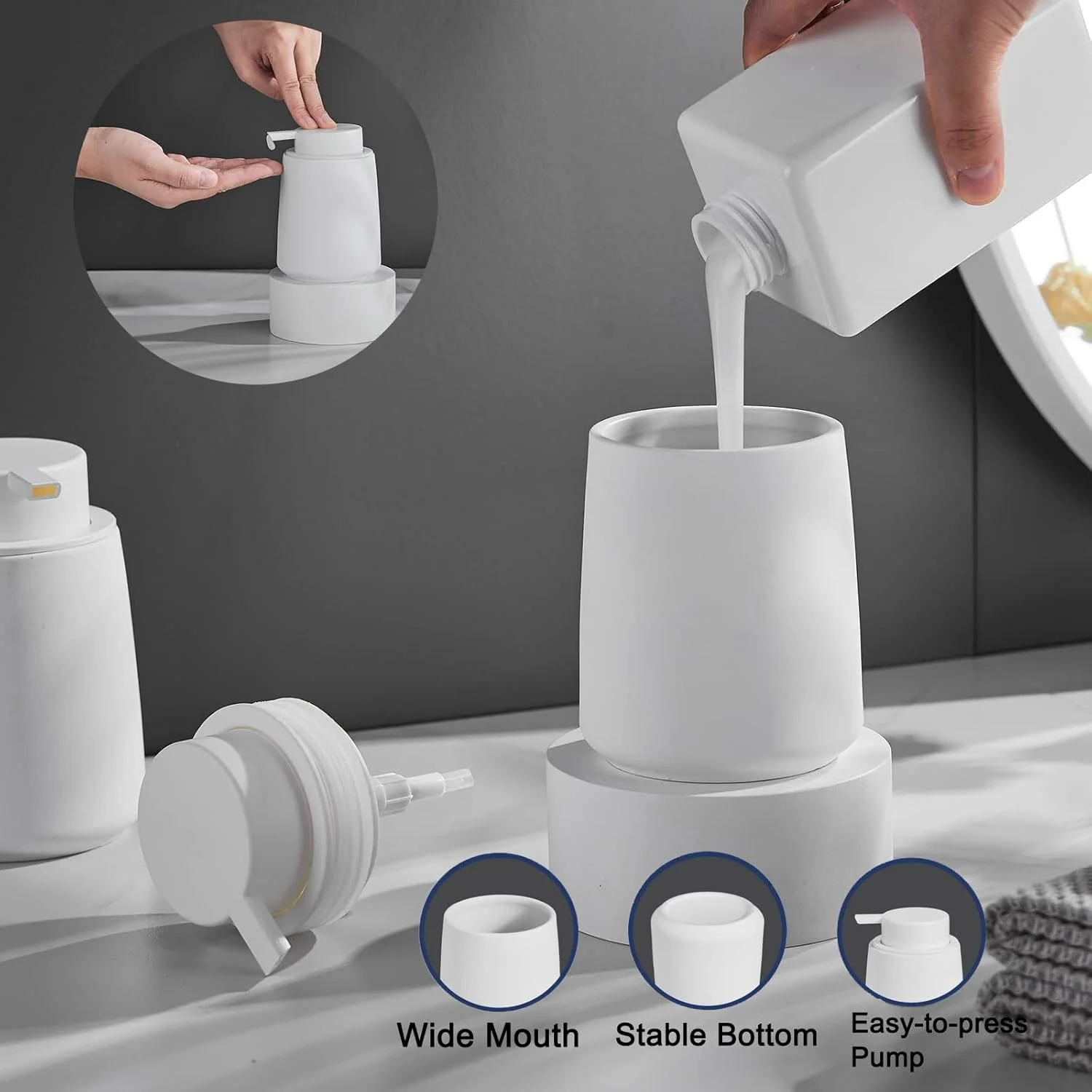 جامایع سرامیکی سفید 400 میلی لیتری Duomama - پمپ آسان برای لوسیون دست، شامپو حمام/آشپزخانه - جا مایع شیک
