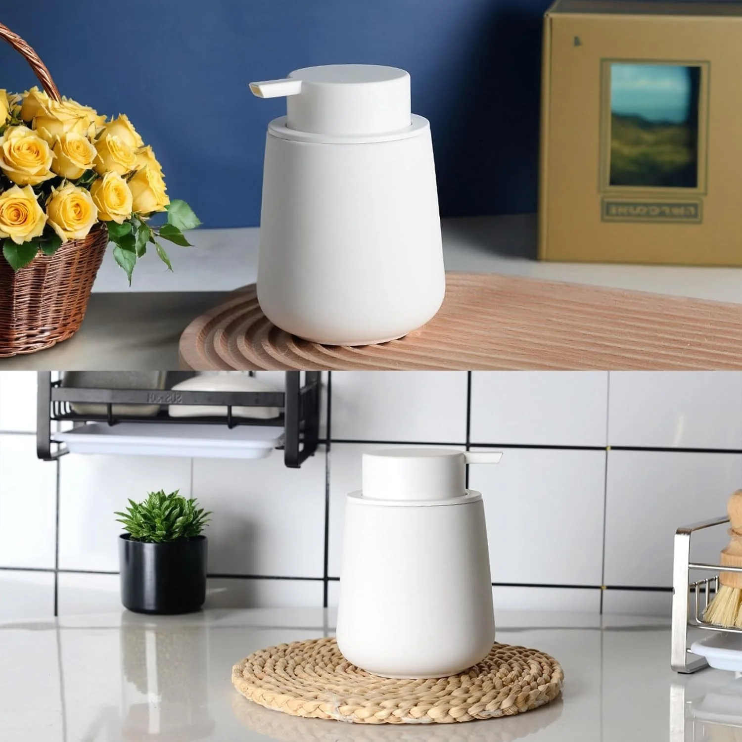 جامایع سرامیکی سفید 400 میلی لیتری Duomama - پمپ آسان برای لوسیون دست، شامپو حمام/آشپزخانه - جا مایع شیک