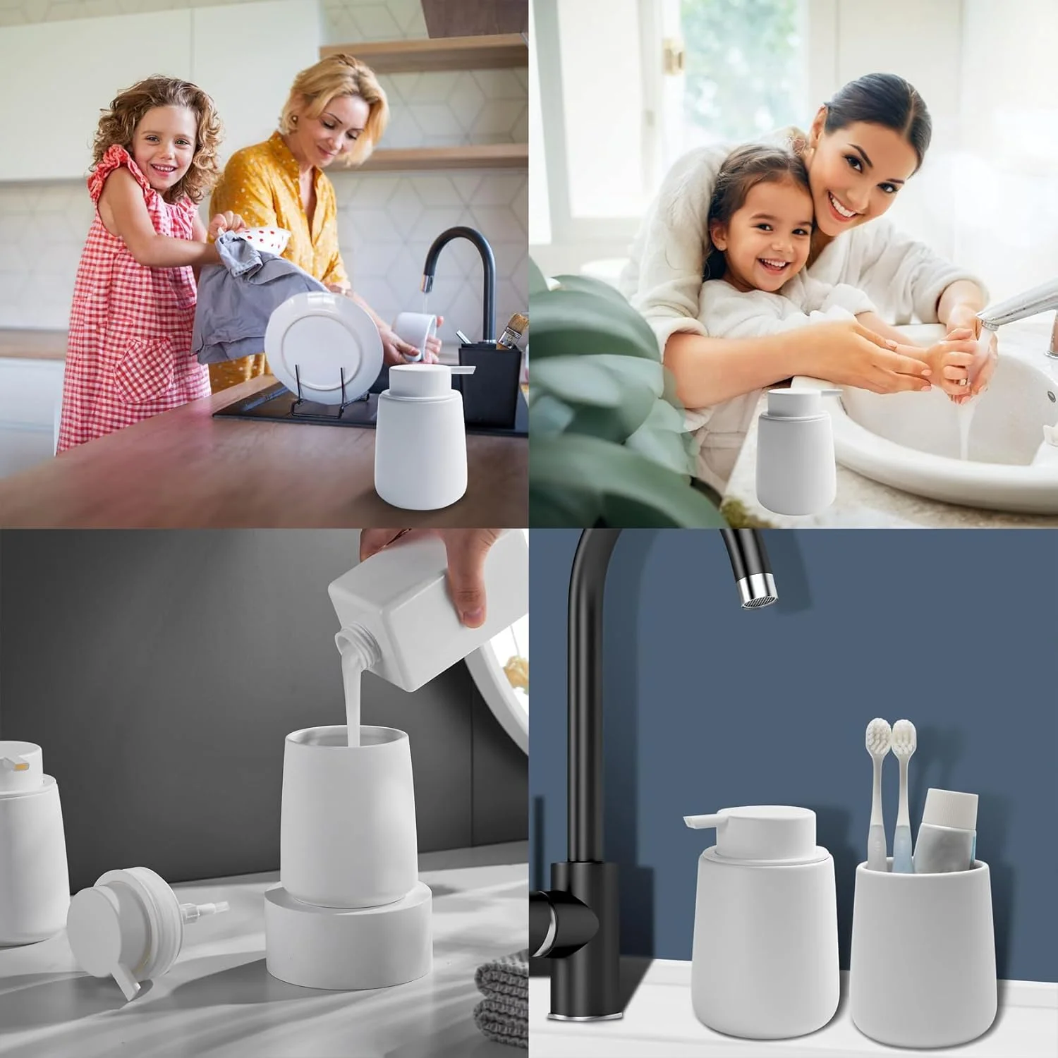 جا مایع ظرفشویی سرامیکی Duomama با پمپ آسان فشار - جا مایع سفید برای حمام و آشپزخانه