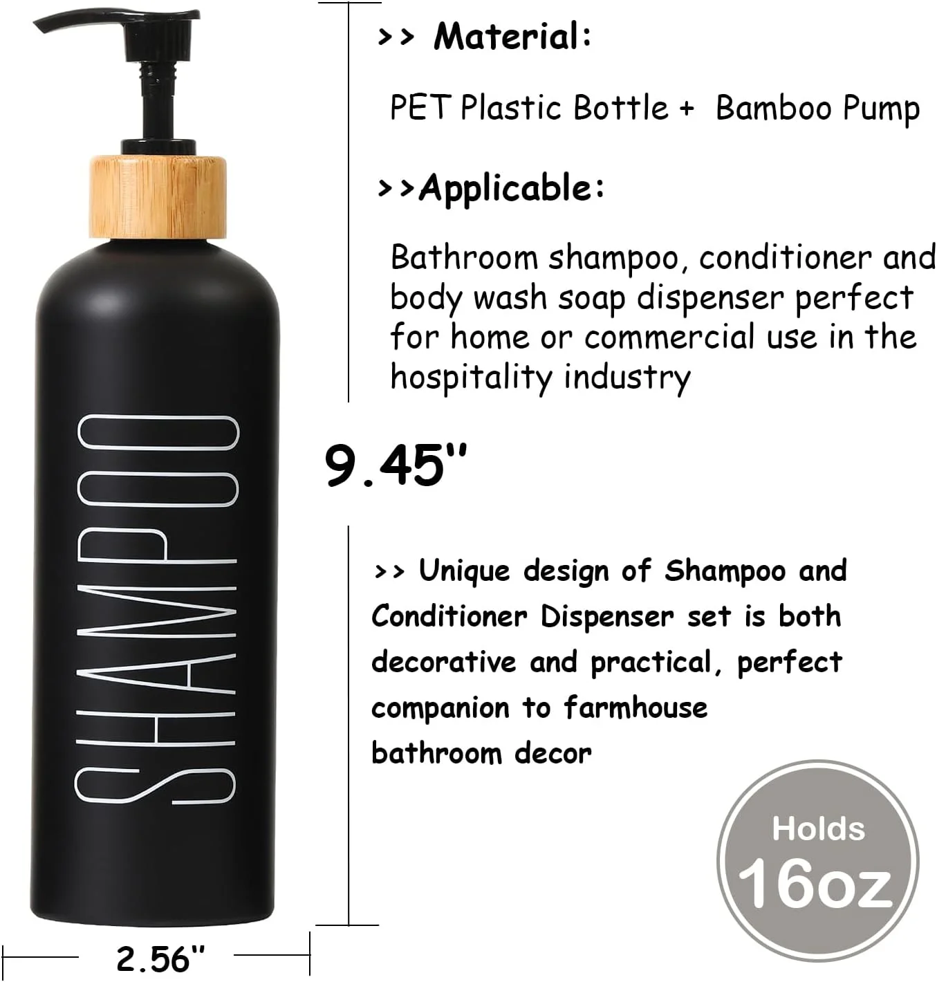 ست 3 عددی بطری شامپو و نرم کننده مشکی قابل شارژ مجدد HOMCDALY با پمپ، 473 میلی لیتر، پخش کننده شامپو و نرم کننده حمام