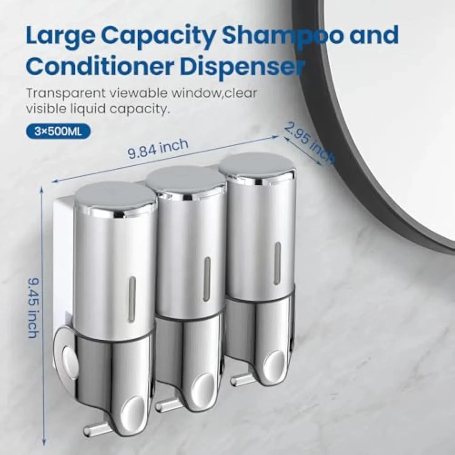 جا مایع شامپو و نرم کننده Jaffiust، جا مایع 1500 میلی لیتری برای دوش، جا مایع صابون دوش 3 محفظه ای بدون نیاز به دریل، جا مایع دیواری شامپو، نرم کننده و مایع شستشوی بدن برای حمام (نقره ای)