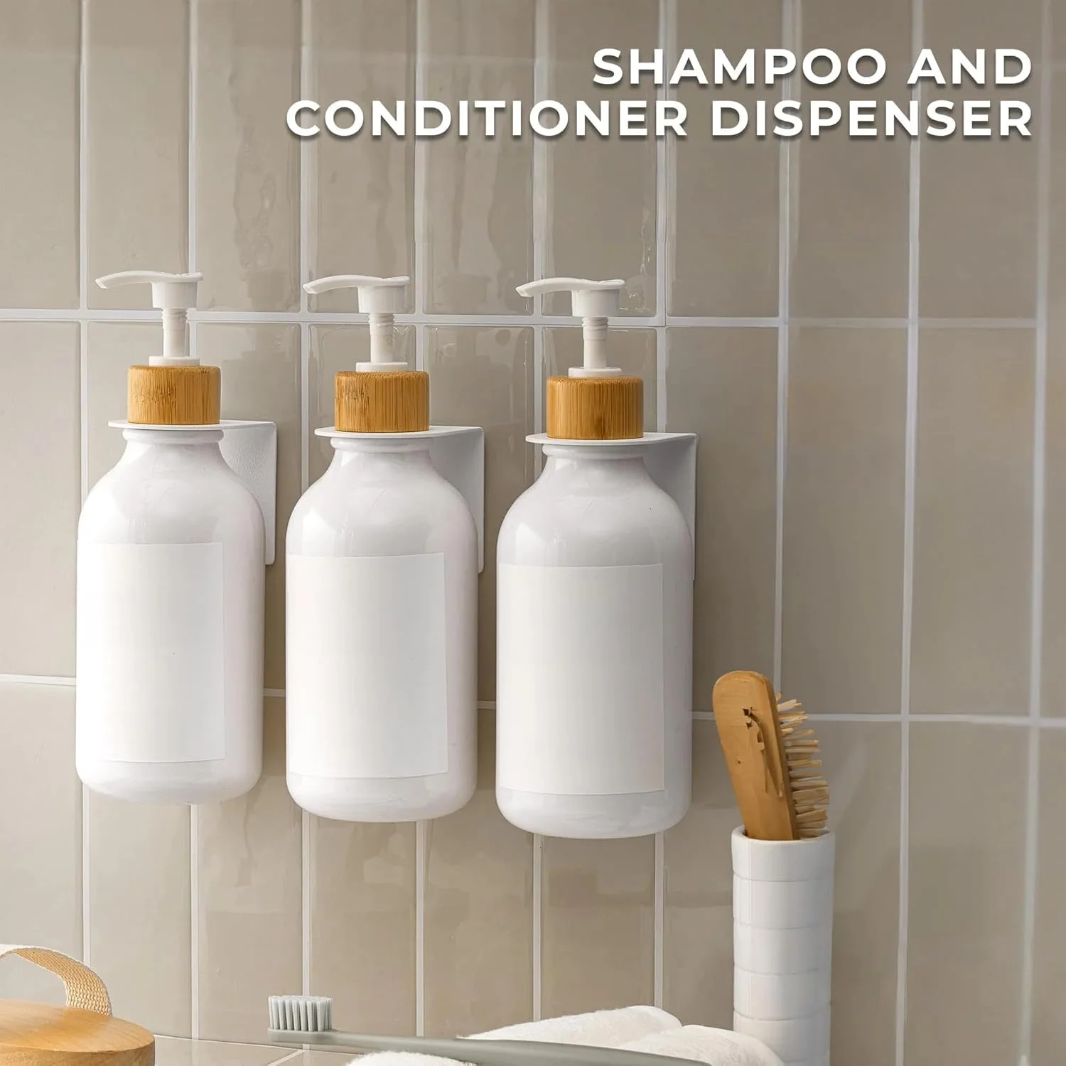 جا مایع شامپو و نرم کننده Jaffiust، 3 عدد جا مایع 500 میلی لیتری برای دوش، جا مایع دیواری شامپو، نرم کننده و مایع شستشوی بدن برای حمام (بامبو سفید)