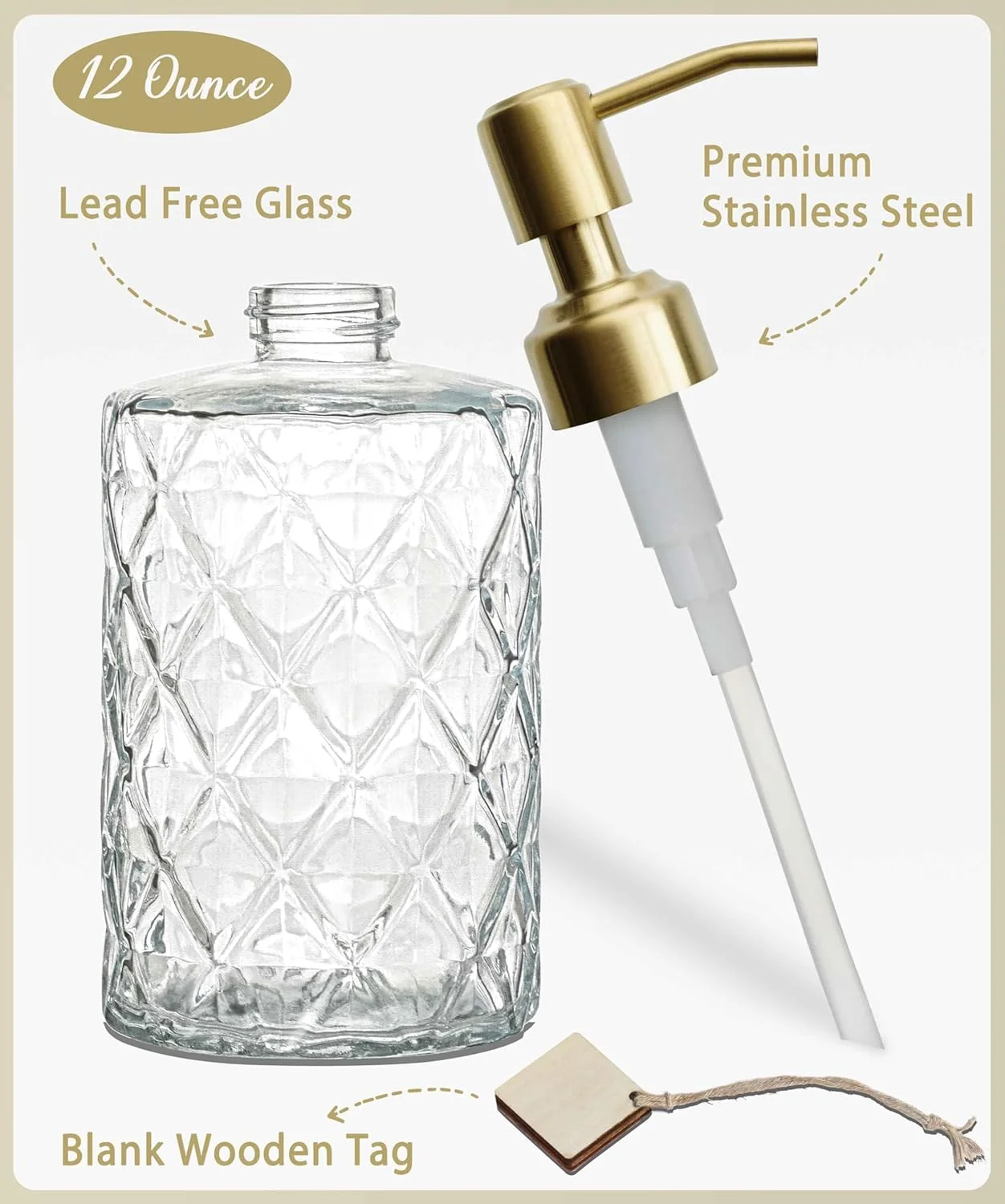 جا صابونی شیشه ای طرح الماس JASAI با پمپ طلایی، جا مایع دستشویی قابل شارژ برای آشپزخانه، جا صابونی حمام برای صابون، مایع دستشویی، مایع ظرفشویی، لوسیون