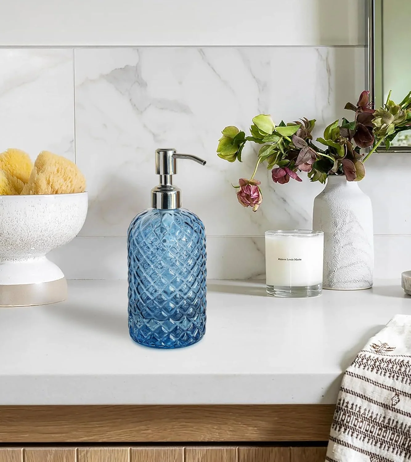 جای صابون شیشه ای طرح جواهر JASAI با ظرفیت 18 اونس مناسب آشپزخانه و حمام، قابل شارژ مجدد با پمپ استیل ضد زنگ (آبی)