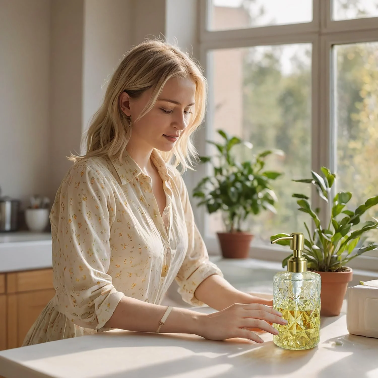 جا صابونی شیشه ای طرح الماس JASAI با پمپ طلایی، جا مایع دستشویی قابل شارژ برای آشپزخانه، جا صابونی حمام برای صابون، مایع دستشویی، مایع ظرفشویی، لوسیون