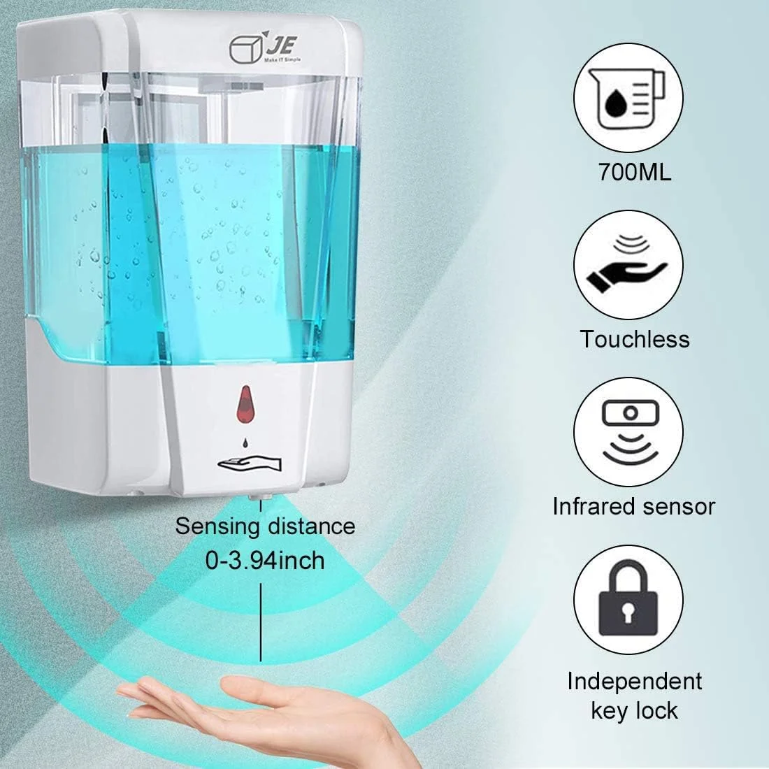 دستگاه ضدعفونی کننده دست اتوماتیک JE Make IT Simple، دستگاه صابون بدون لمس دیواری 700 میلی لیتری ژل مایع، دستگاه پمپ قابل شارژ برای حمام، آشپزخانه منزل، کلیسا، هتل، دفتر