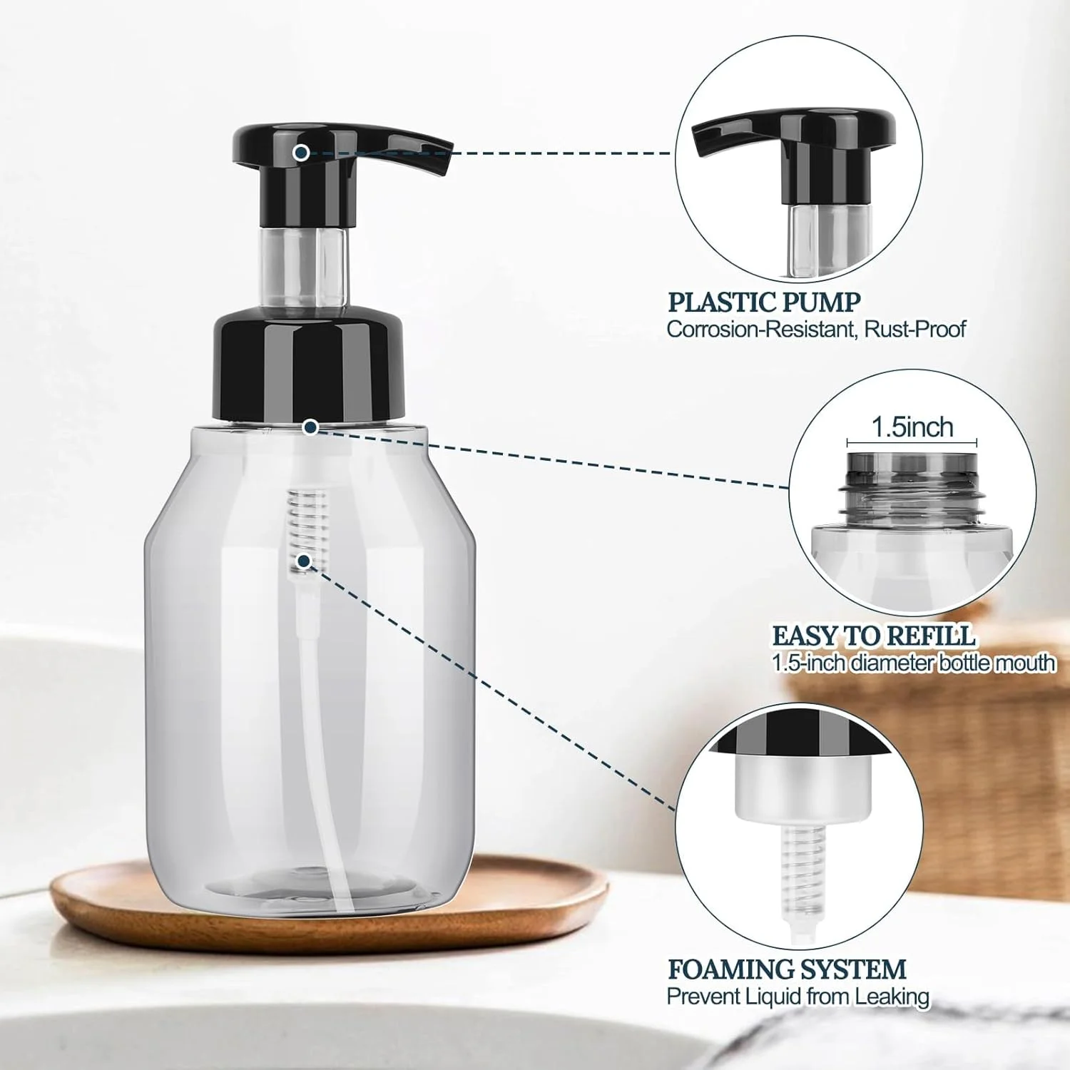 دیسپنسر فوم صابون KASTWAVE، دیسپنسر پلاستیکی شفاف قابل پر کردن مجدد، بطری پمپی برای حمام، روشویی آشپزخانه برای صابون مایع، شامپو (خاکستری-مشکی شفاف)
