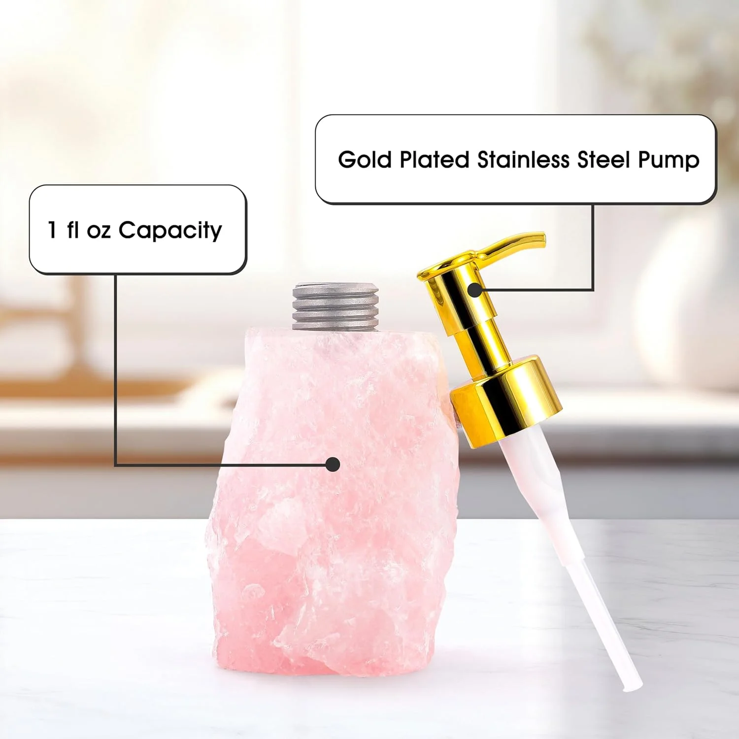 دیسپنسر صابون رز کوارتز KASTWAVE مناسب حمام - کریستال صورتی طبیعی با پمپ طلایی براق - لوازم جانبی لوکس حمام