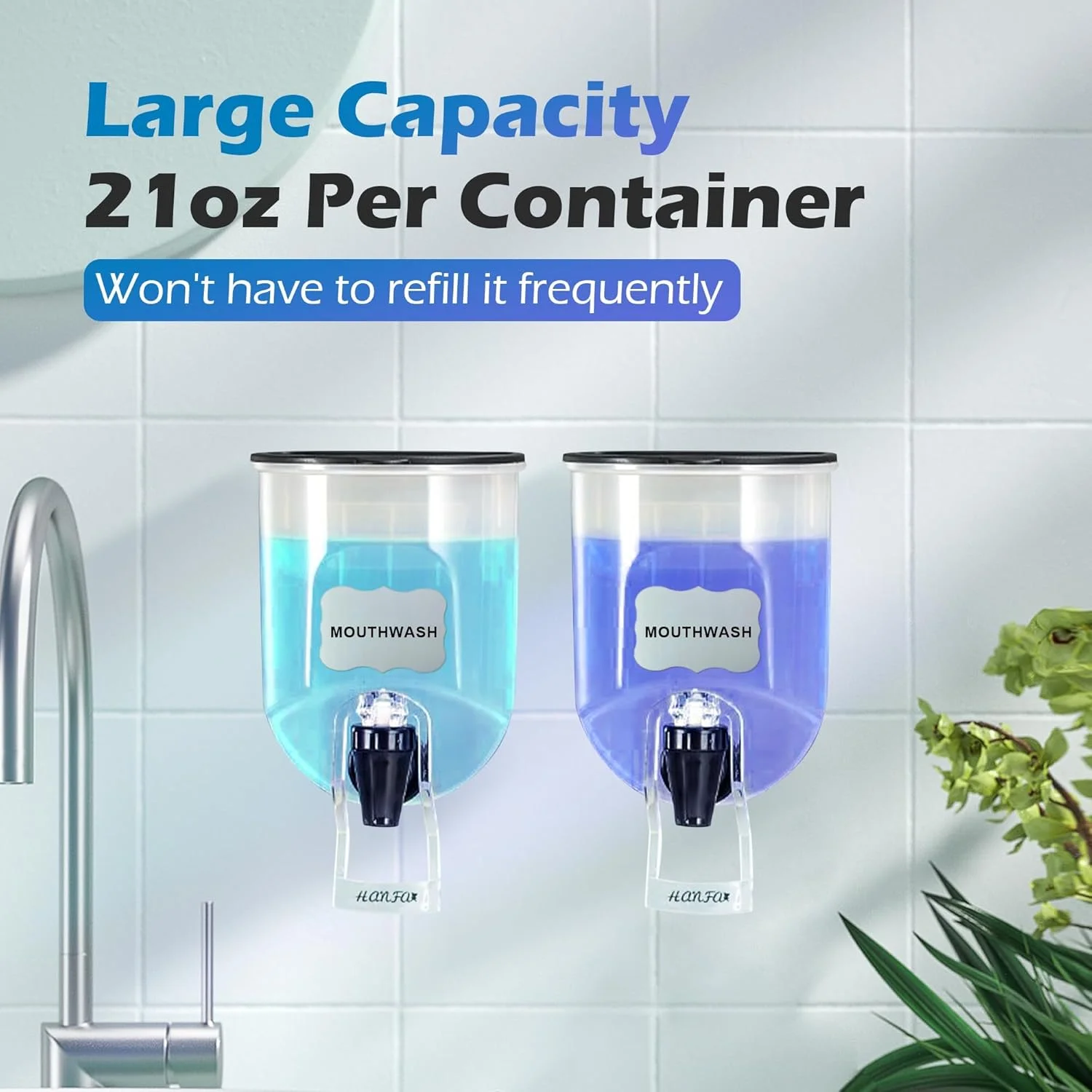 دیسپنسر دهانشویه KASTWAVE با ظرفیت 620 میلی لیتر برای حمام، بسته 2 عددی، ظرف دهانشویه پلاستیکی شفاف دیواری با 2 استیکر قابل استفاده مجدد