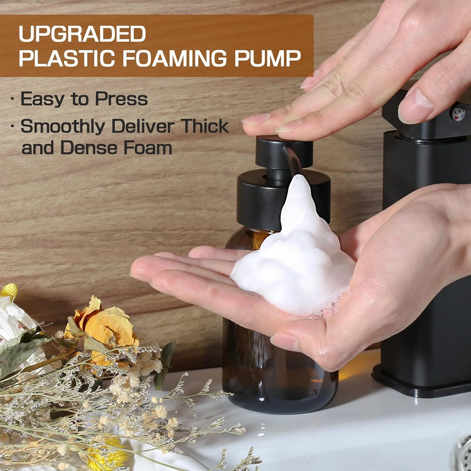 دیسپنسر فوم صابون KASTWAVE، دیسپنسر صابون فوم شیشه ای کهربایی 250 میلی لیتری برای حمام و آشپزخانه، بسته 2 عددی دیسپنسر صابون فوم دستی قابل شارژ مدرن، بطری پمپ فوم (قهوه ای)