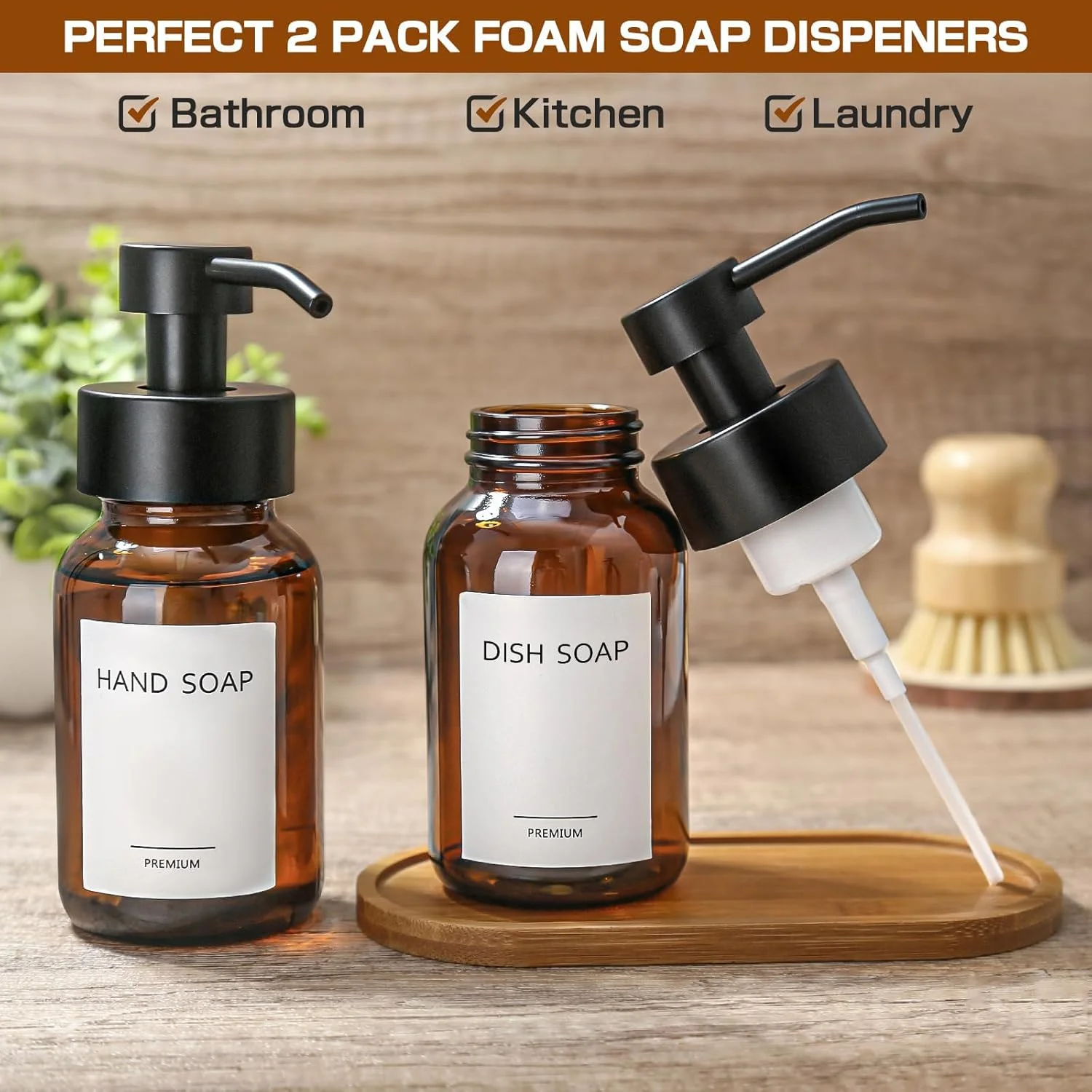 دیسپنسر فوم صابون KASTWAVE، دیسپنسر صابون فوم شیشه ای کهربایی 250 میلی لیتری برای حمام و آشپزخانه، بسته 2 عددی دیسپنسر صابون فوم دستی قابل شارژ مدرن، بطری پمپ فوم (قهوه ای)