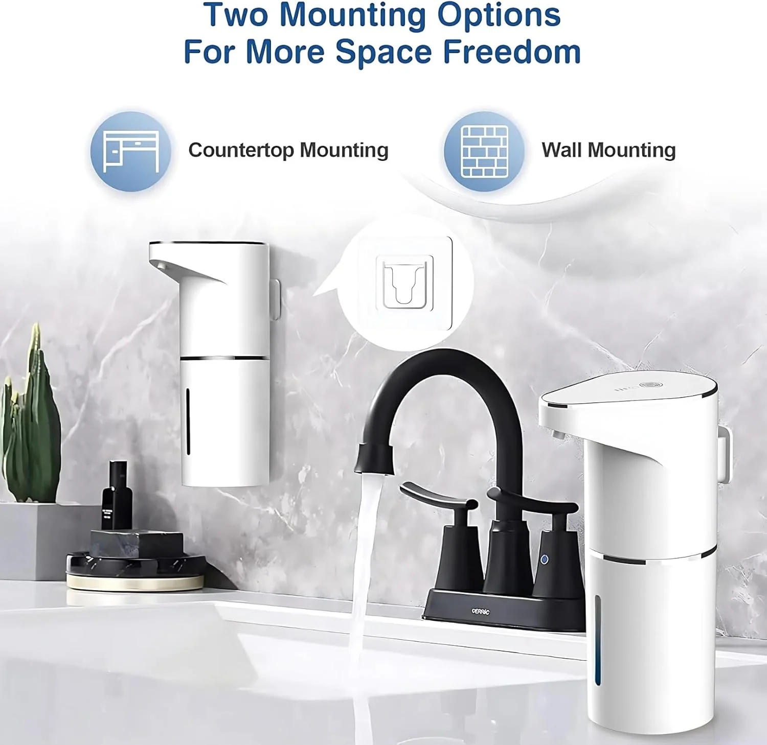 LIFE HACKS® دستگاه پخش کننده صابون فوم بدون لمس - دستگاه پخش کننده صابون اتوماتیک 350 میلی لیتری، قابل شارژ USB - نصب روی دیوار یا روی میز - 3 سطح قابل تنظیم برای حمام، آشپزخانه و مایع ظرفشویی