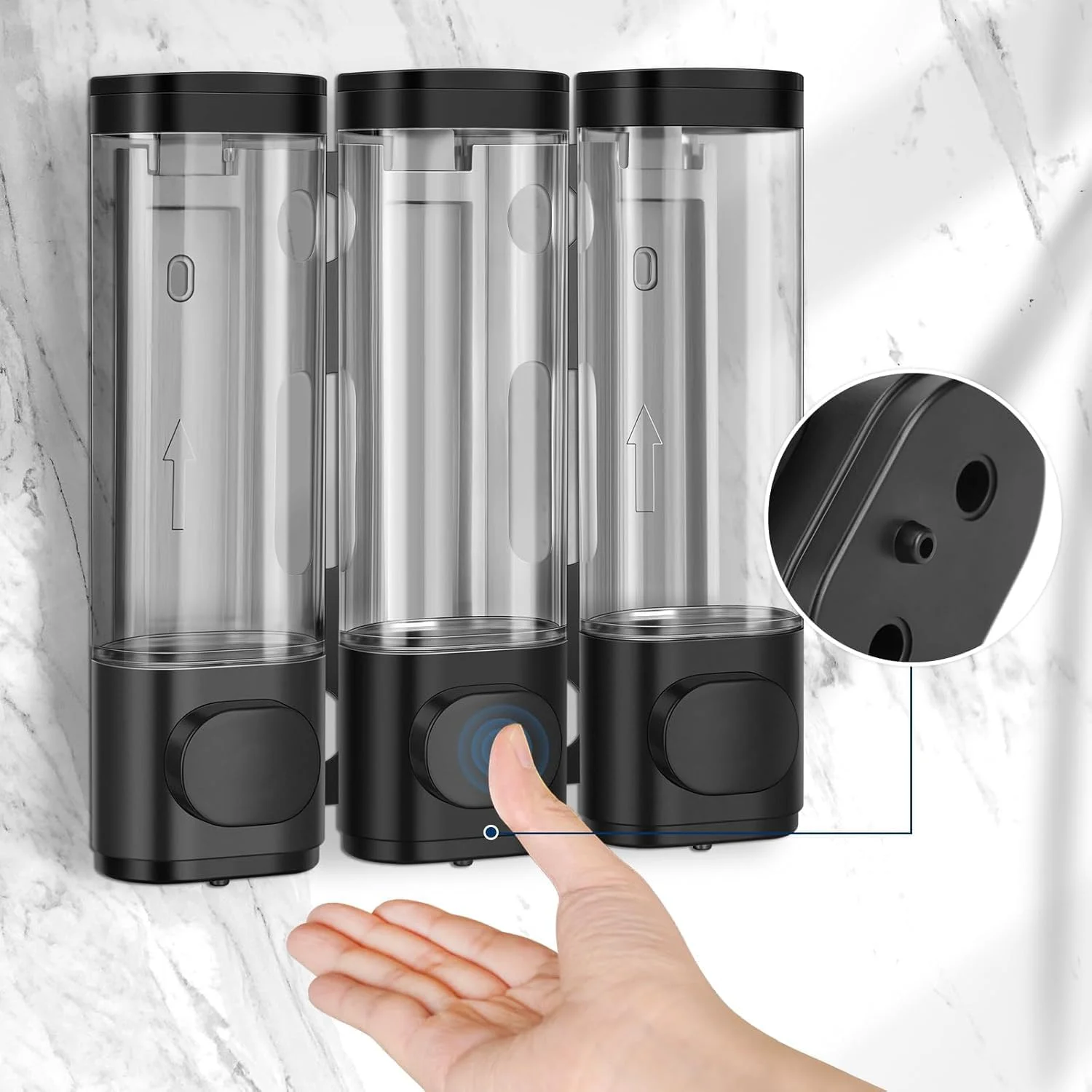 جا مایع دیواری 3 در 1 Lomeshow برای حمام و سازمان دهنده، با برچسب ضد آب - قابل استفاده برای شامپو، نرم کننده، لوسیون بدن، شستشوی بدن، حمام، آشپزخانه، هتل (مشکی)