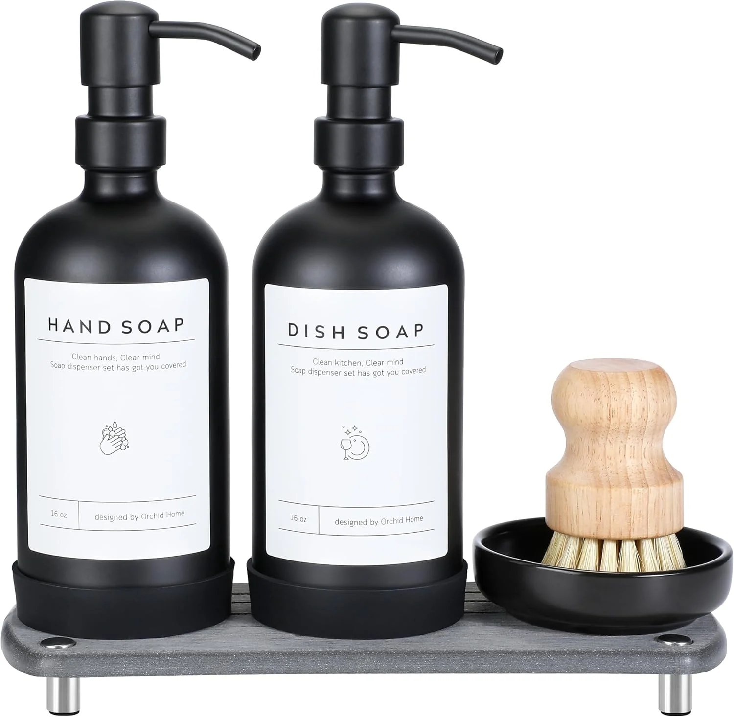 ست جا مایع ظرفشویی لوکس - بطری شیشه ای مشکی 473 میلی لیتری، پمپ استیل ضد زنگ، سینی خشک کن فوری، برچسب های ضد آب، پد سیلیکونی ضد لغزش و برس ظرفشویی | ارتقاء برای آشپزخانه و حمام شما