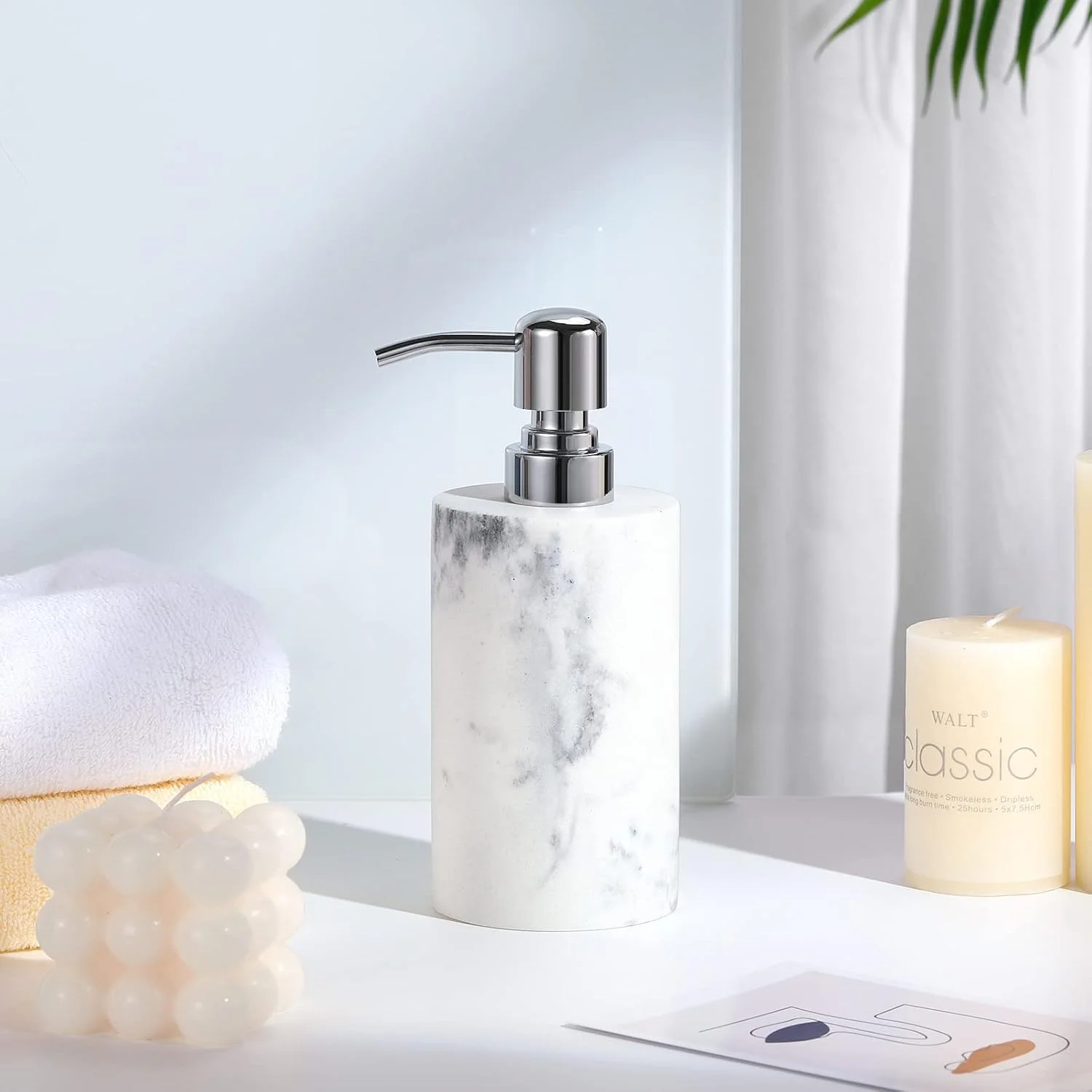 ظرف صابون لوکسپایر، بطری پمپ صابون مایع لوسیون مرمری استوانه ای شکل، ظرف شامپو قابل پر کردن، شیشه رزینی صابون دست تزئینی برای حمام، آشپزخانه - مرمر سفید