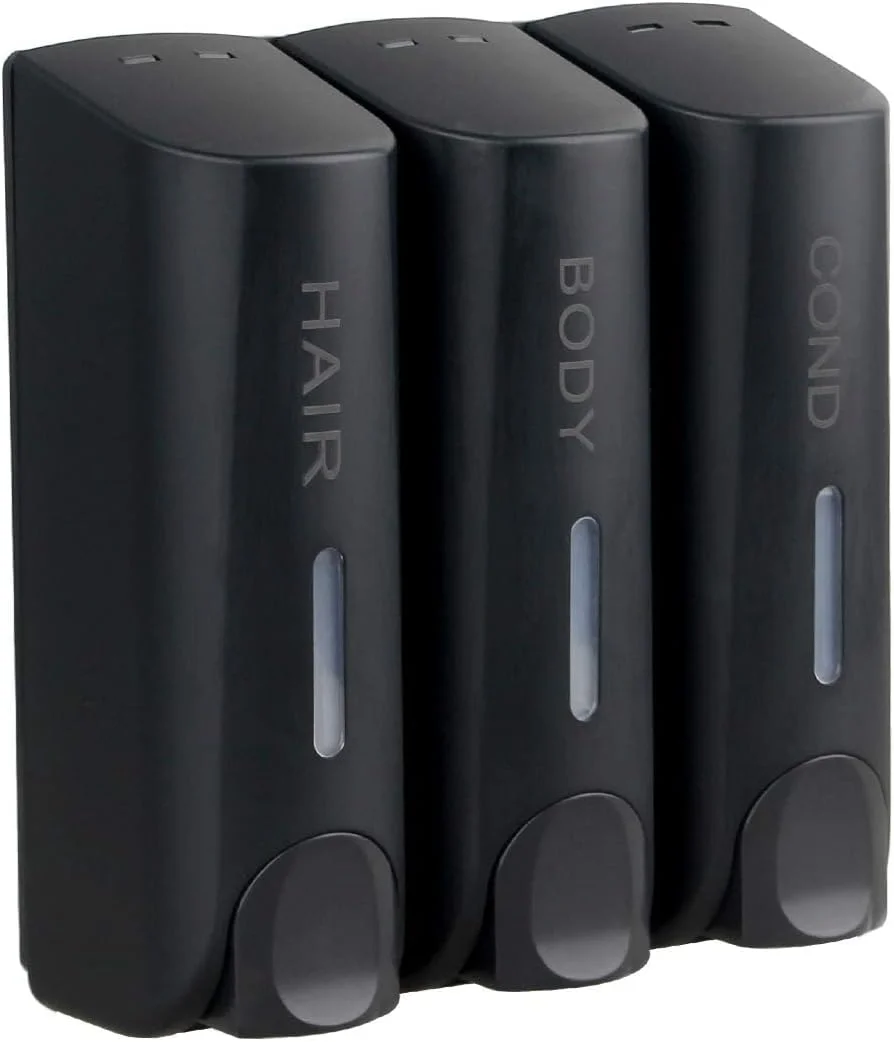 جامایع دستشویی فشاری MAKINGTEC، جامایع 3 در 1، جا شامپو و نرم کننده، جداکننده صابون حمام، جداکننده دوش با 3 بطری قابل شارژ 350 میلی لیتری ABS نصب دیواری مشکی