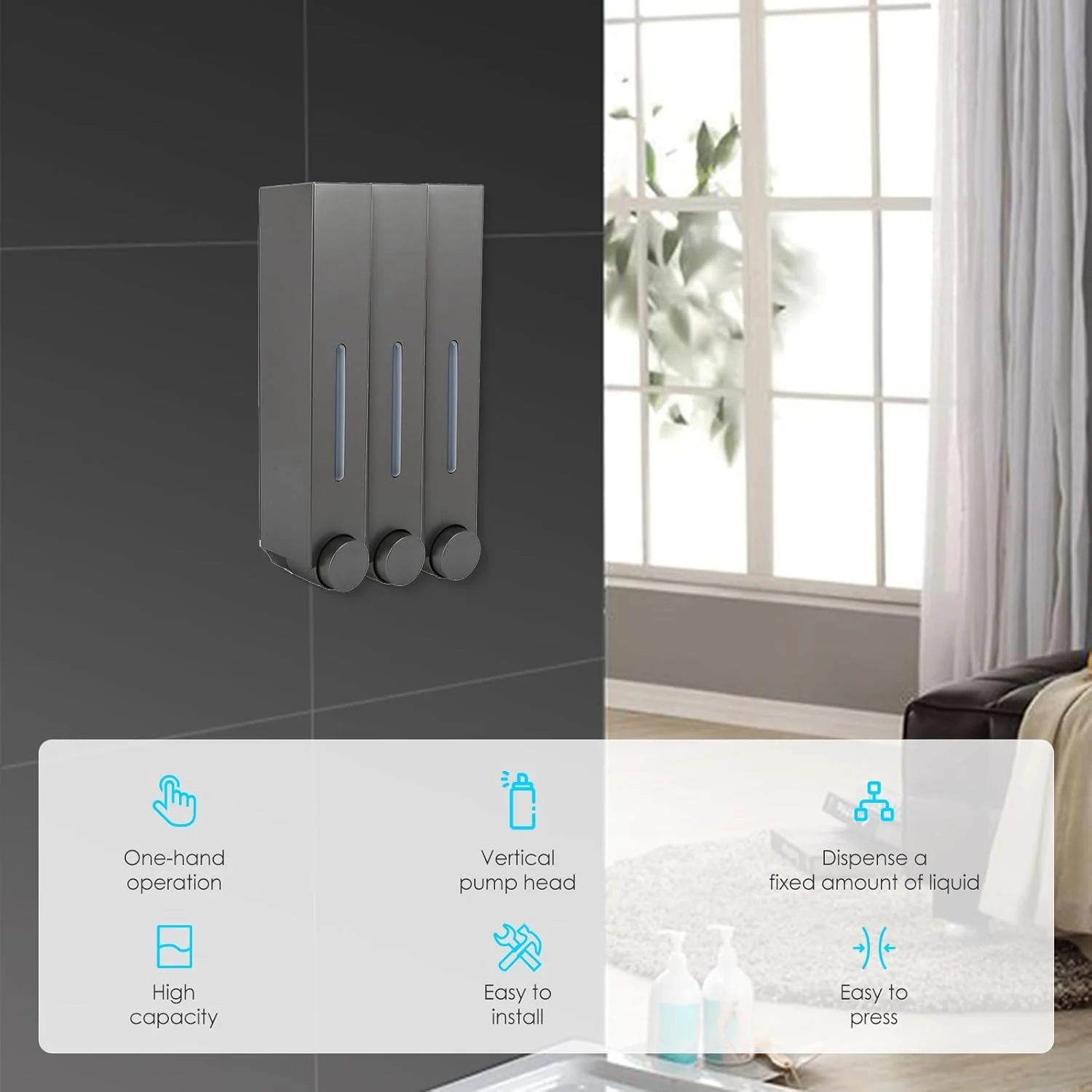 دیسپنسر شامپو دوش MAKINGTEC، دیسپنسر صابون دوش بدون نیاز به دریل، دیسپنسر صابون دستی دیواری برای خانه، حمام، آشپزخانه، هتل ها، رستوران ها، دوش و دیسپنسر لوسیون (خاکستری 2 مخزن)