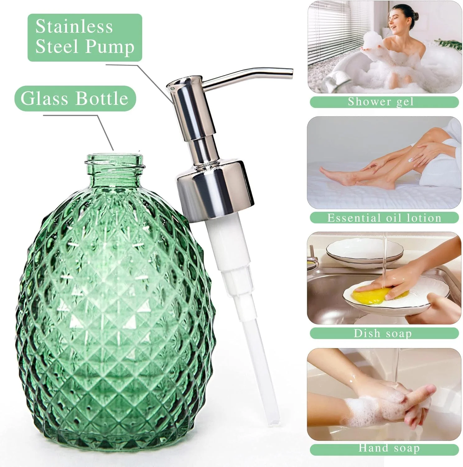ظرف صابون شیشه ای MAKINGTEC با پمپ، 350 میلی لیتر، مناسب برای مایع ظرفشویی/صابون دست/مایع لباسشویی/لوسیون، ظرف مایع قابل شارژ برای حمام، آشپزخانه، دوش (سبز)