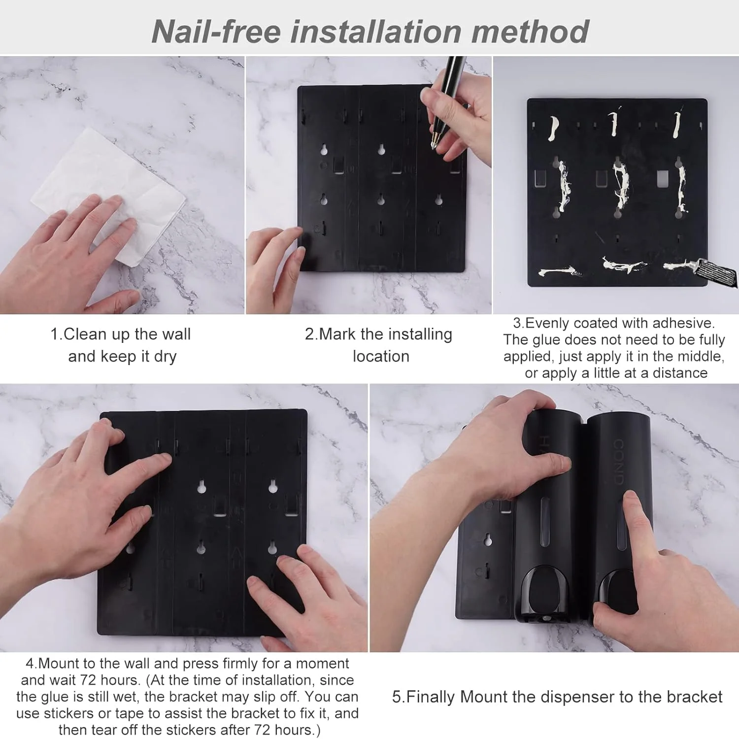 جامایع دستشویی فشاری MAKINGTEC، جامایع 3 در 1، جا شامپو و نرم کننده، جداکننده صابون حمام، جداکننده دوش با 3 بطری قابل شارژ 350 میلی لیتری ABS نصب دیواری مشکی