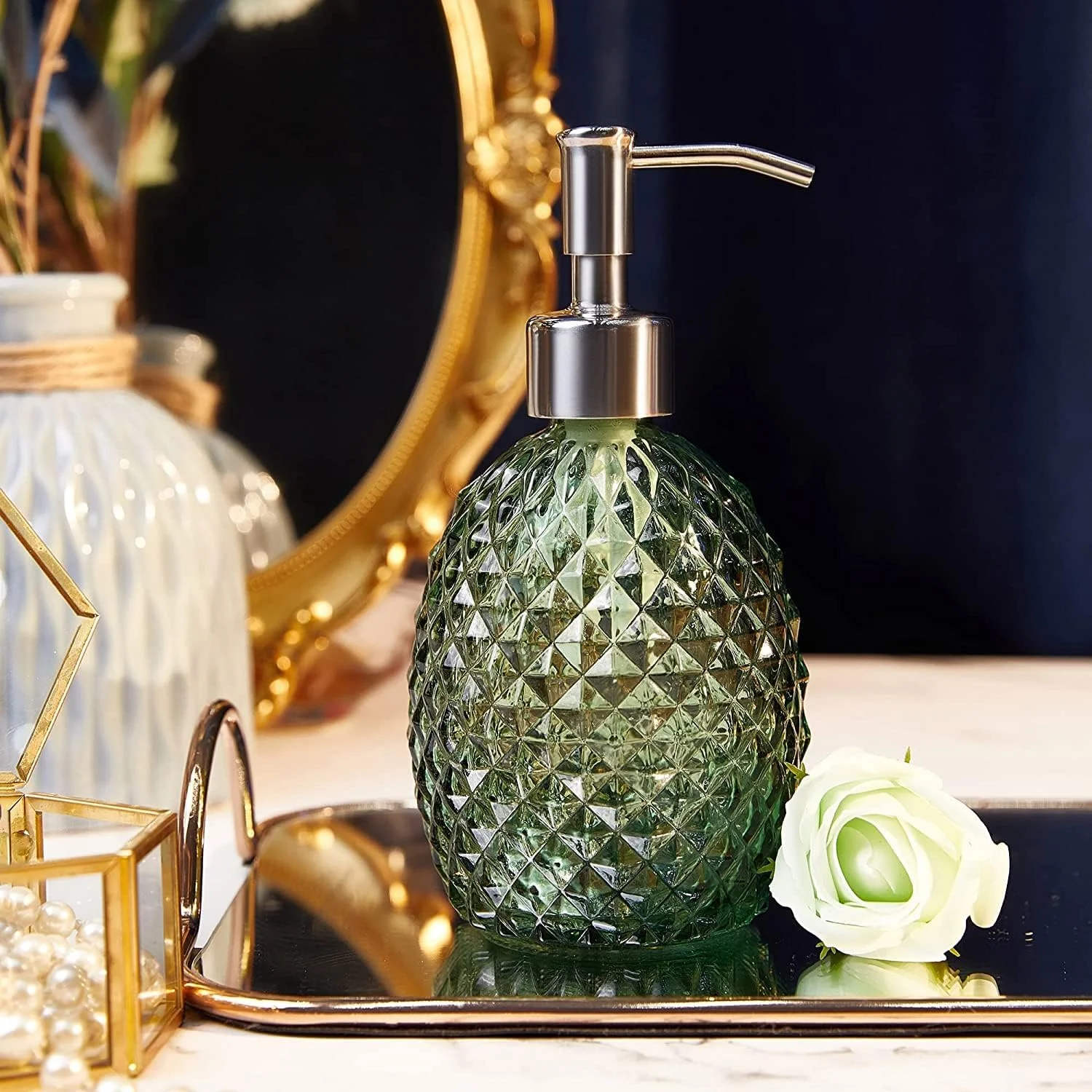 ظرف صابون شیشه ای MAKINGTEC با پمپ، 350 میلی لیتر، مناسب برای مایع ظرفشویی/صابون دست/مایع لباسشویی/لوسیون، ظرف مایع قابل شارژ برای حمام، آشپزخانه، دوش (سبز)
