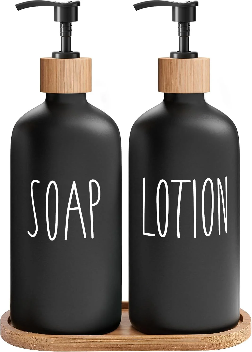 ست جا مایع دستشویی مشکی MOMEEMO، شامل جا مایع شیشه ای، پمپ و سینی بامبو. مناسب برای مایع دست و لوسیون، مناسب برای دکوراسیون خانه های روستایی (مشکی)