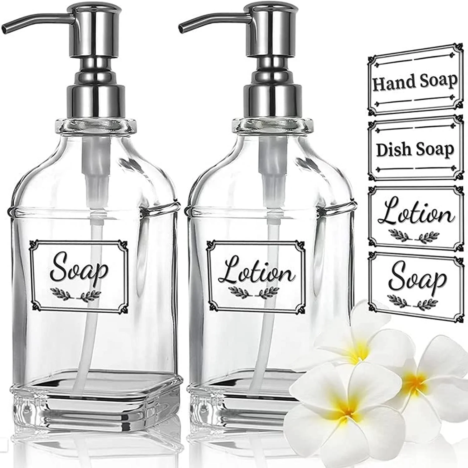 مخزن صابون MIXDE - بسته 2 عددی، 532 میلی لیتر طراحی عتیقه شیشه ضخیم، پمپ استیل ضد زنگ 304، 6 عدد استیکر شفاف، برای آشپزخانه، حمام - نقره ای