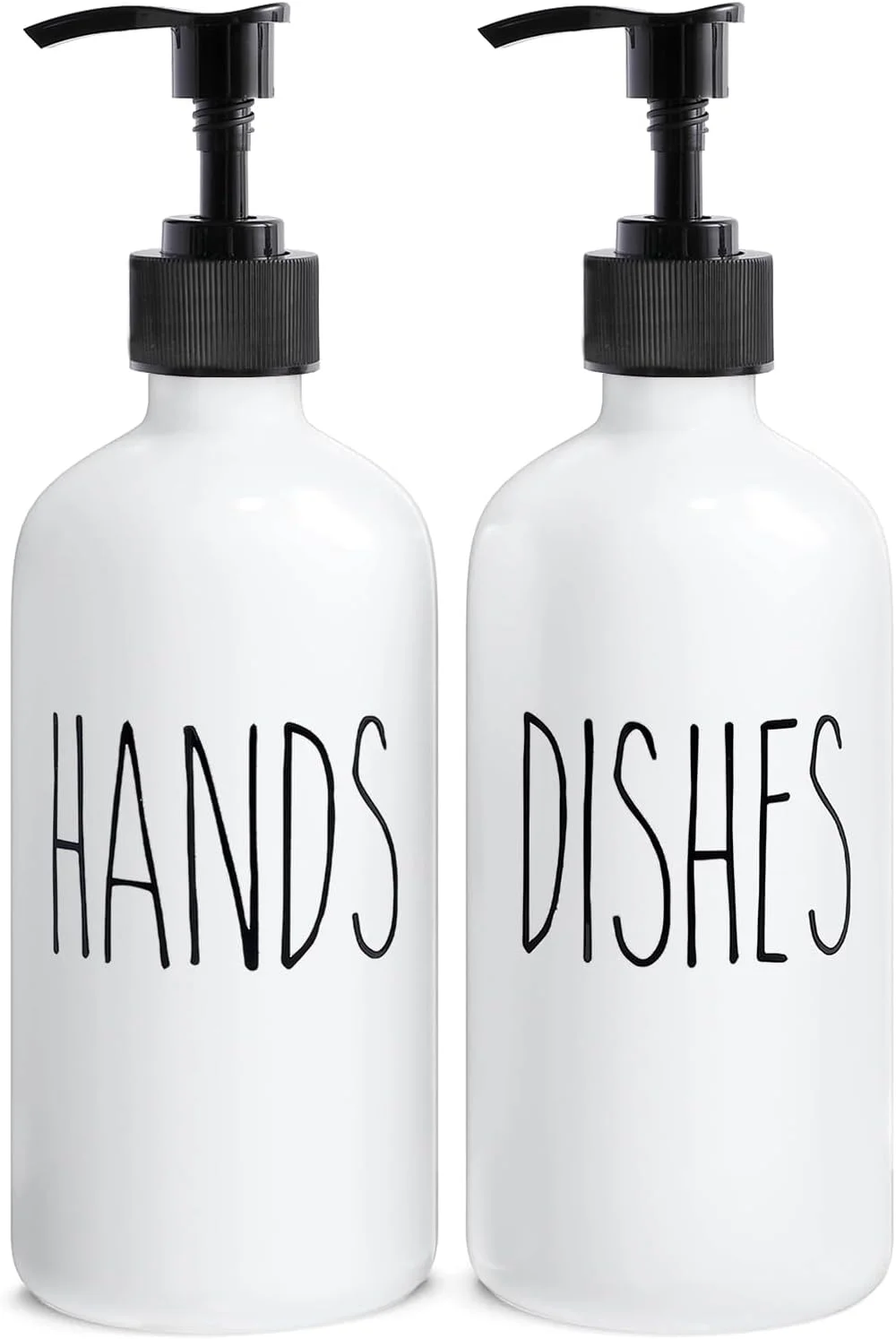 ست دو عددی جا مایع ظرفشویی MOMEEMO، شامل جا مایع ظرفشویی و جا مایع دستشویی. جا مایع شیشه ای 473 میلی لیتری با پمپ های پلاستیکی مشکی. (سفید)