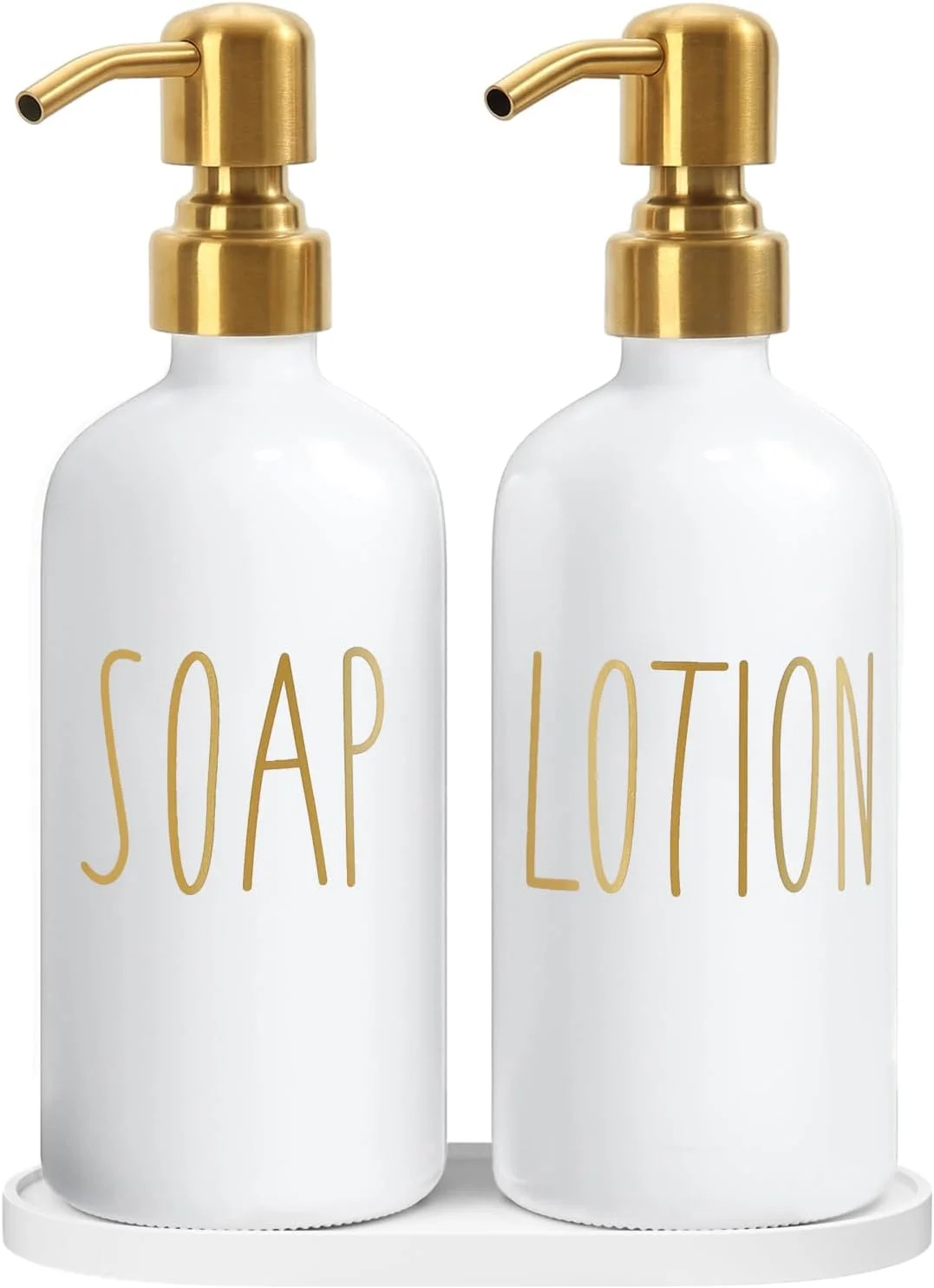 ست جا صابونی حمام MOMEEMO، جا صابونی شیشه ای با پمپ استیل ضد زنگ، شامل جا لوسیون، جا صابونی مایع و سینی مناسب برای ست های دکور حمام. (سفید)