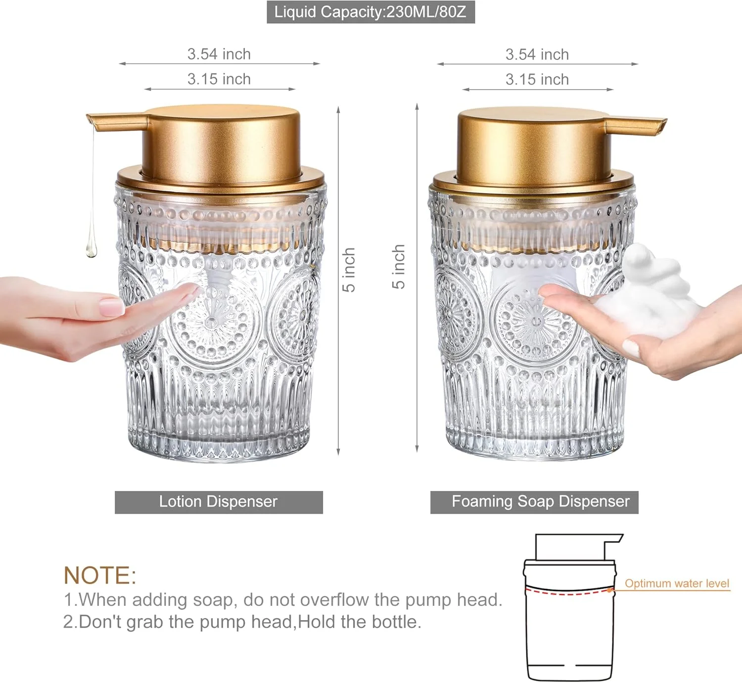 مایع ظرفشویی شیشه ای MKLZ با حجم 8 اونس، بطری مایع دستشویی شفاف با پمپ پلاستیکی طلایی، پخش کننده لوسیون ظرف گرد قابل شارژ مجدد برای سینک آشپزخانه و پیشخوان حمام