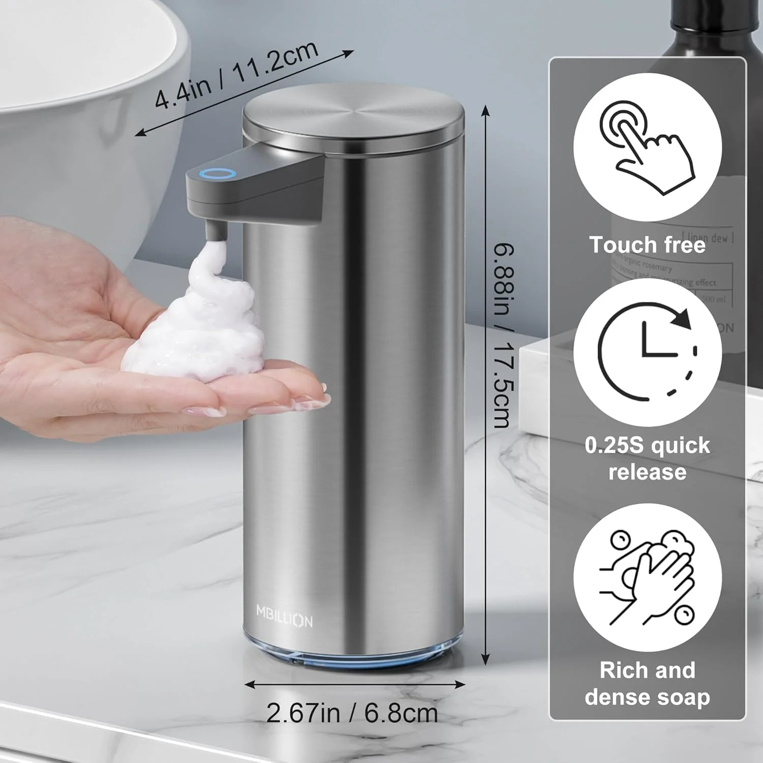 مایع دستشویی اتوماتیک Mbillion، ظرفیت 200 میلی لیتر، دستگاه فوم ساز بدون لمس، قابل شارژ USB، پمپ برقی با 5 سطح قابل تنظیم فوم برای حمام و آشپزخانه (استیل ضد زنگ)