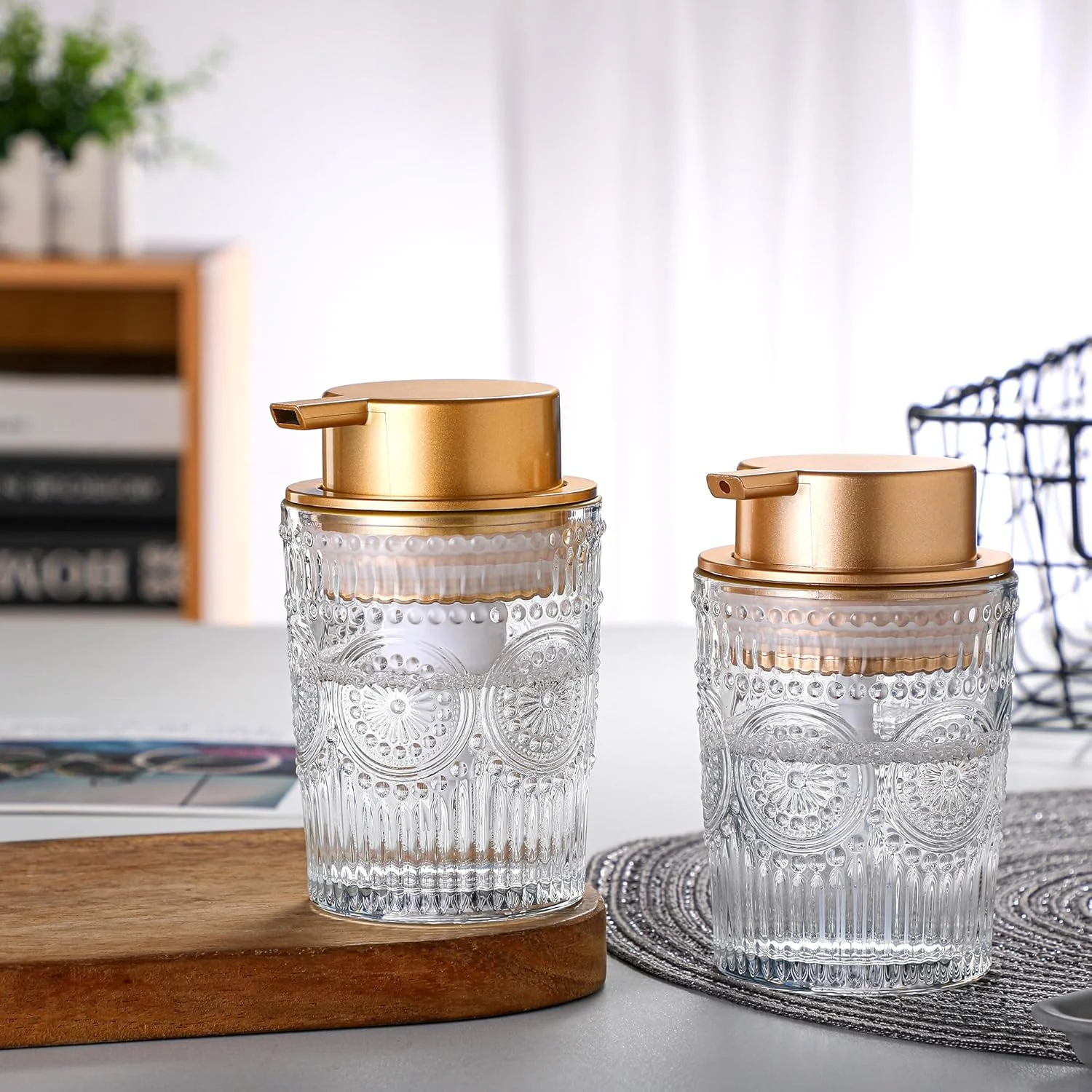 مایع ظرفشویی شیشه ای MKLZ با حجم 8 اونس، بطری مایع دستشویی شفاف با پمپ پلاستیکی طلایی، پخش کننده لوسیون ظرف گرد قابل شارژ مجدد برای سینک آشپزخانه و پیشخوان حمام