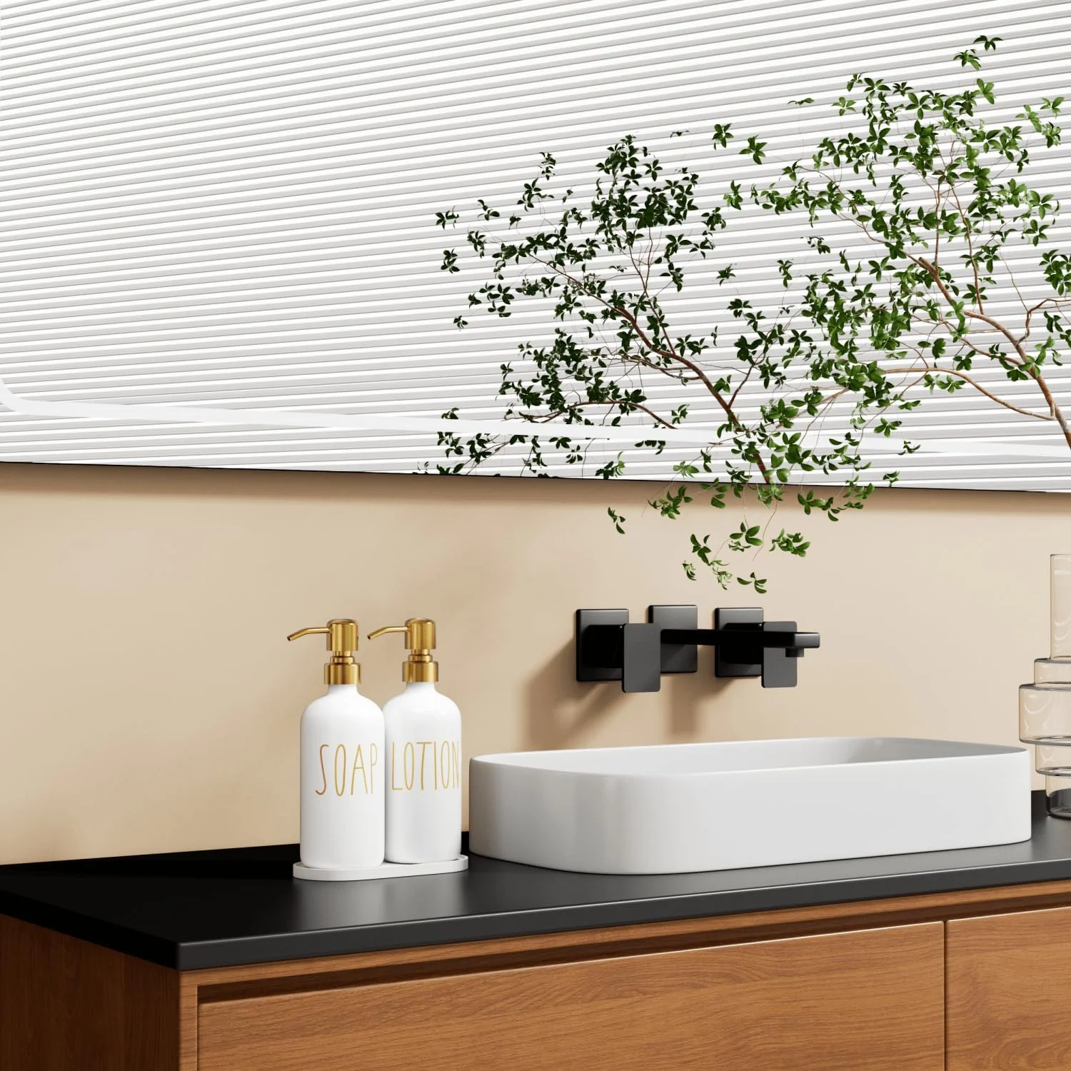 ست جا صابونی حمام MOMEEMO، جا صابونی شیشه ای با پمپ استیل ضد زنگ، شامل جا لوسیون، جا صابونی مایع و سینی مناسب برای ست های دکور حمام. (سفید)