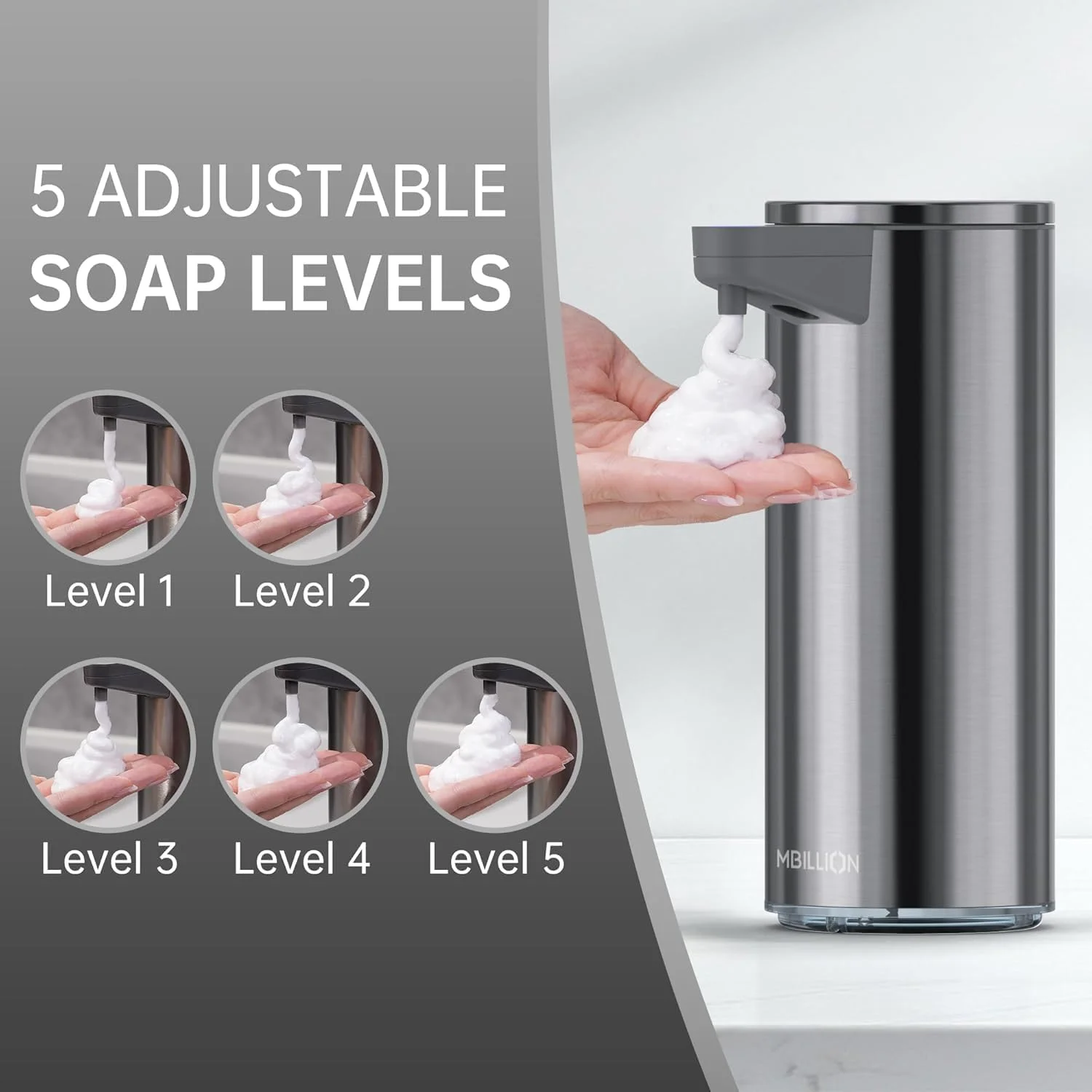 مایع دستشویی اتوماتیک Mbillion، ظرفیت 200 میلی لیتر، دستگاه فوم ساز بدون لمس، قابل شارژ USB، پمپ برقی با 5 سطح قابل تنظیم فوم برای حمام و آشپزخانه (استیل ضد زنگ)