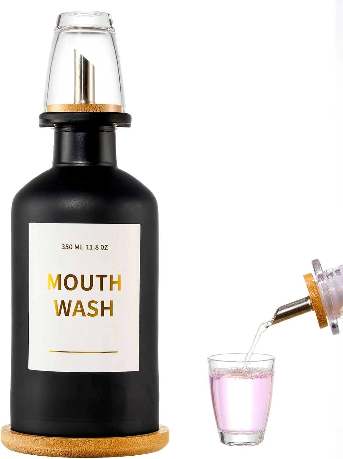 ظرف دهانشویه شیشه ای برای حمام، جا دهانشویه 350 میلی لیتری با دهانه های استیل ضد زنگ، بطری دهانشویه با پایه بامبو، فنجان های قابل شارژ، قیف قابل استفاده مجدد، برچسب های طلایی