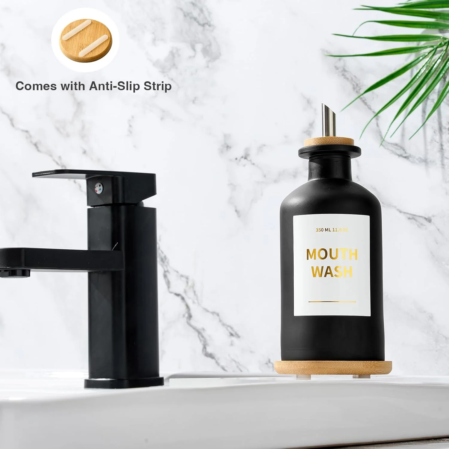 ظرف دهانشویه شیشه ای برای حمام، جا دهانشویه 350 میلی لیتری با دهانه های استیل ضد زنگ، بطری دهانشویه با پایه بامبو، فنجان های قابل شارژ، قیف قابل استفاده مجدد، برچسب های طلایی
