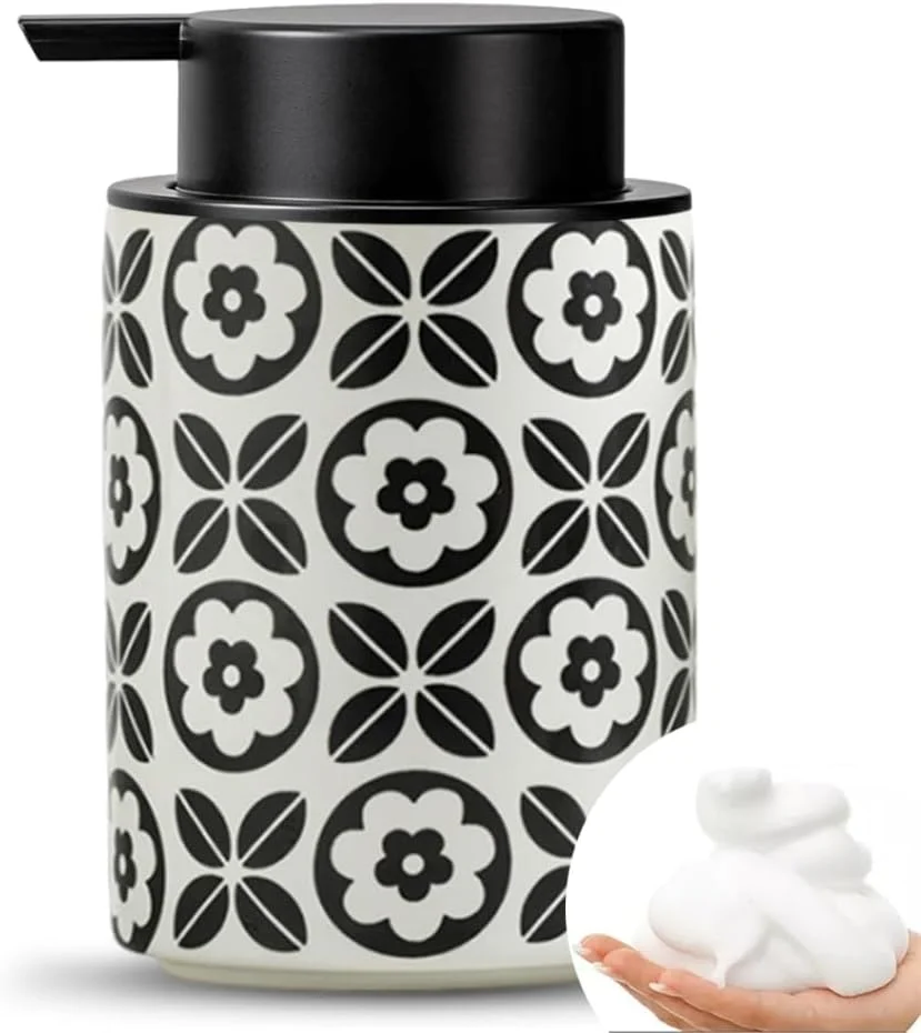دیسپنسر صابون فومینگ NALACAL، دیسپنسر صابون فومینگ سرامیکی 350 میلی لیتری، بطری پمپ فوم قابل شارژ مجدد با پمپ مشکی، دیسپنسر صابون دست با طرح نقاشی شده تزئینی برای حمام و آشپزخانه