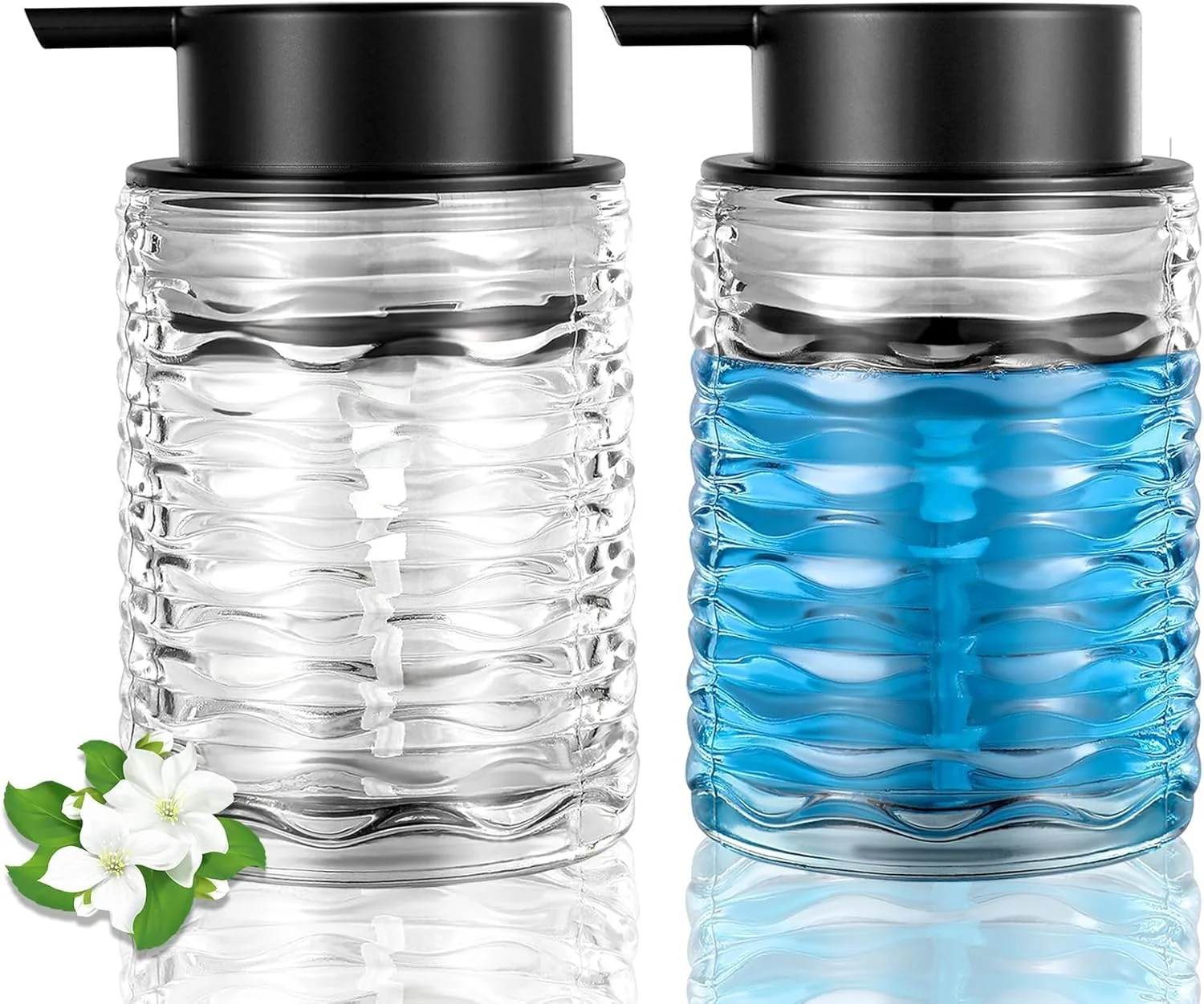 دیسپنسر صابون مایع شیشه ای شفاف NALACAL، دیسپنسر صابون مایع با پمپ برای حمام، بطری های تزئینی مایع آشپزخانه قابل شارژ برای ضدعفونی کننده دست، 2 عدد - 10 اونس، موج دار آب