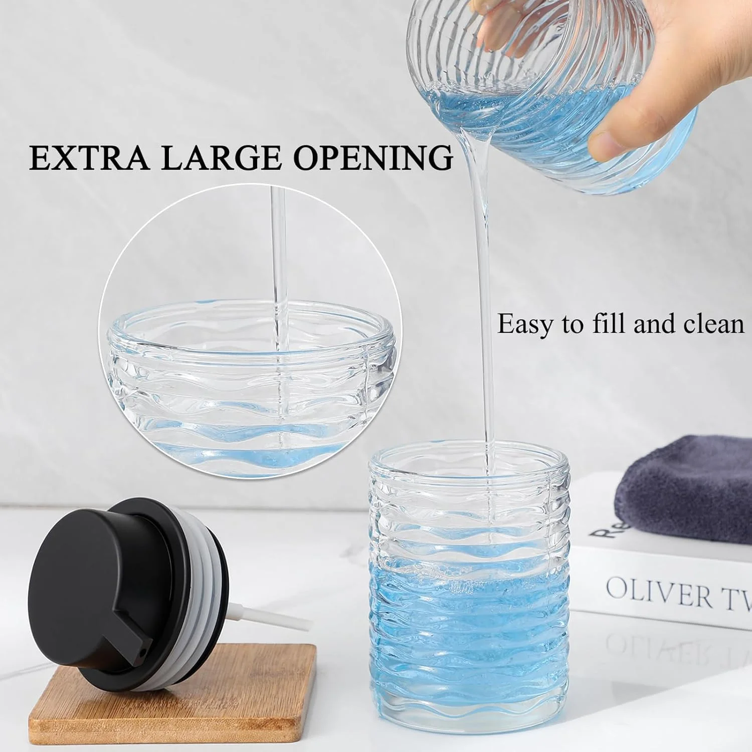 دیسپنسر صابون مایع شیشه ای شفاف NALACAL، دیسپنسر صابون مایع با پمپ برای حمام، بطری های تزئینی مایع آشپزخانه قابل شارژ برای ضدعفونی کننده دست، 2 عدد - 10 اونس، موج دار آب