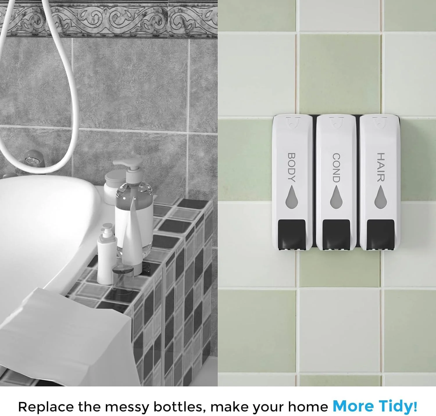 جا مایع دیواری حمام نالاکال، جا مایع 3 در 1، جا شامپو و نرم کننده، پمپ دیواری و نظم دهنده حمام مناسب هتل (1050 میلی لیتر)