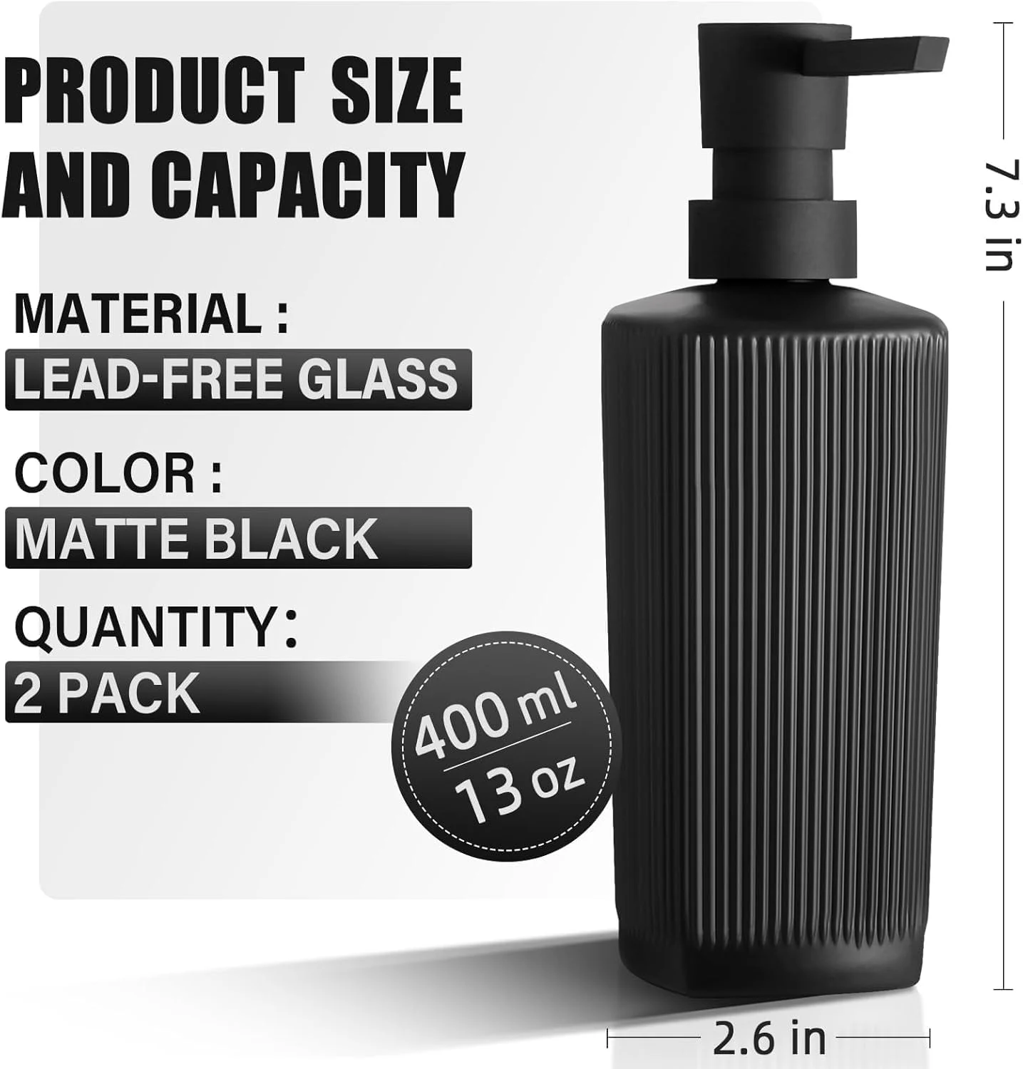 دیسپنسر صابون شیشه ای مشکی مات NALACAL، دیسپنسر صابون دست و ظرف شیاردار با پمپ - دیسپنسر لوسیون راه راه عمودی قابل شارژ مجدد برای پیشخوان حمام و آشپزخانه (2 عددی)