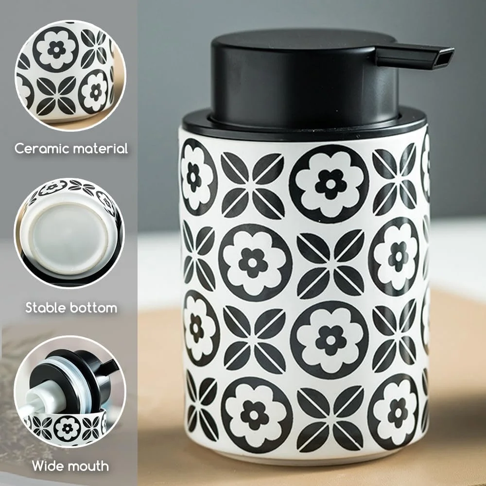 دیسپنسر صابون فومینگ NALACAL، دیسپنسر صابون فومینگ سرامیکی 350 میلی لیتری، بطری پمپ فوم قابل شارژ مجدد با پمپ مشکی، دیسپنسر صابون دست با طرح نقاشی شده تزئینی برای حمام و آشپزخانه