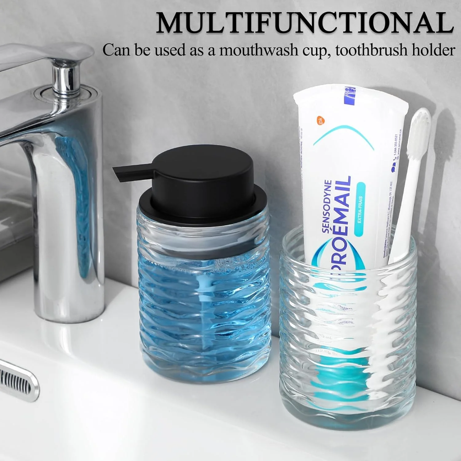 دیسپنسر صابون مایع شیشه ای شفاف NALACAL، دیسپنسر صابون مایع با پمپ برای حمام، بطری های تزئینی مایع آشپزخانه قابل شارژ برای ضدعفونی کننده دست، 2 عدد - 10 اونس، موج دار آب