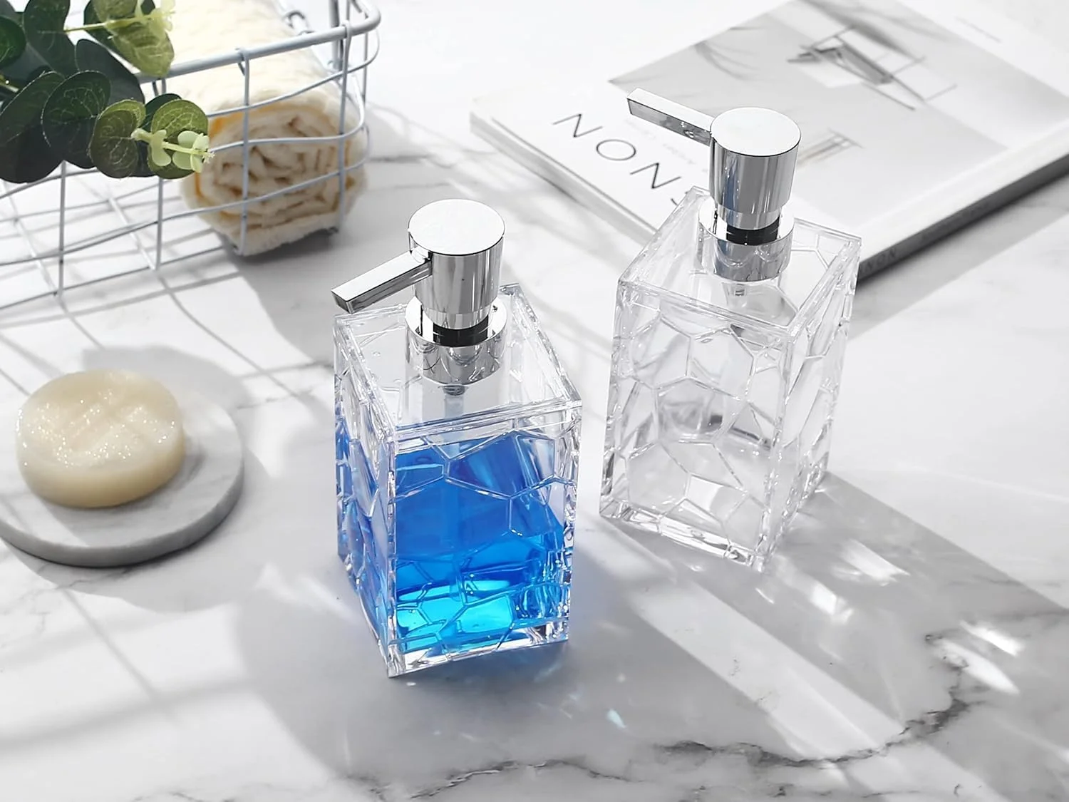 ست جا مایع دستشویی P PIPITA، بطری پمپ مایع پلاستیکی اکریلیک شفاف، جا لوسیون قابل شارژ مجدد برای دکوراسیون حمام، آشپزخانه، خوابگاه دانشجویی، قهوه ای روشن 2 عددی